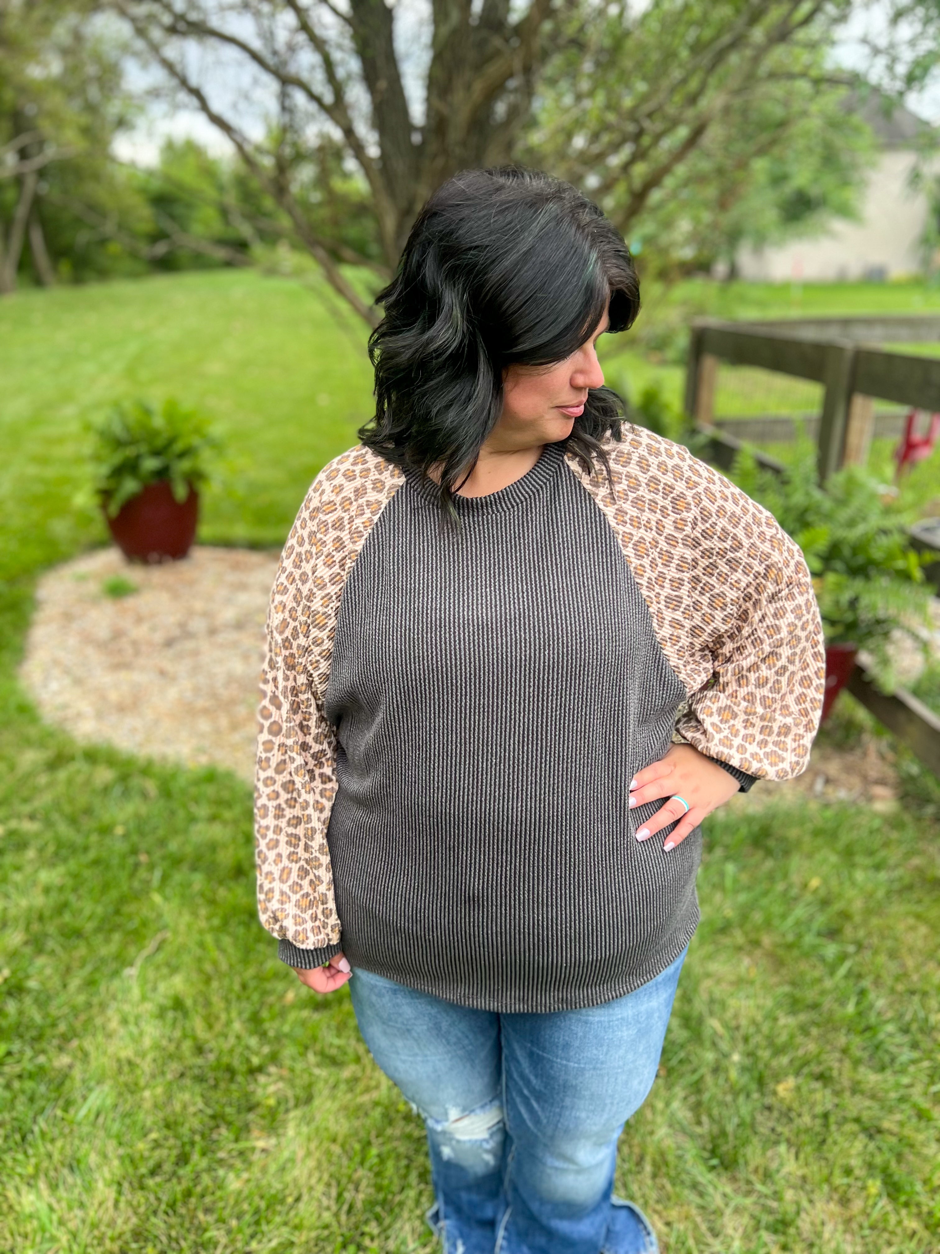 Feeling Bold Charcoal with Leopard Sleeves Top