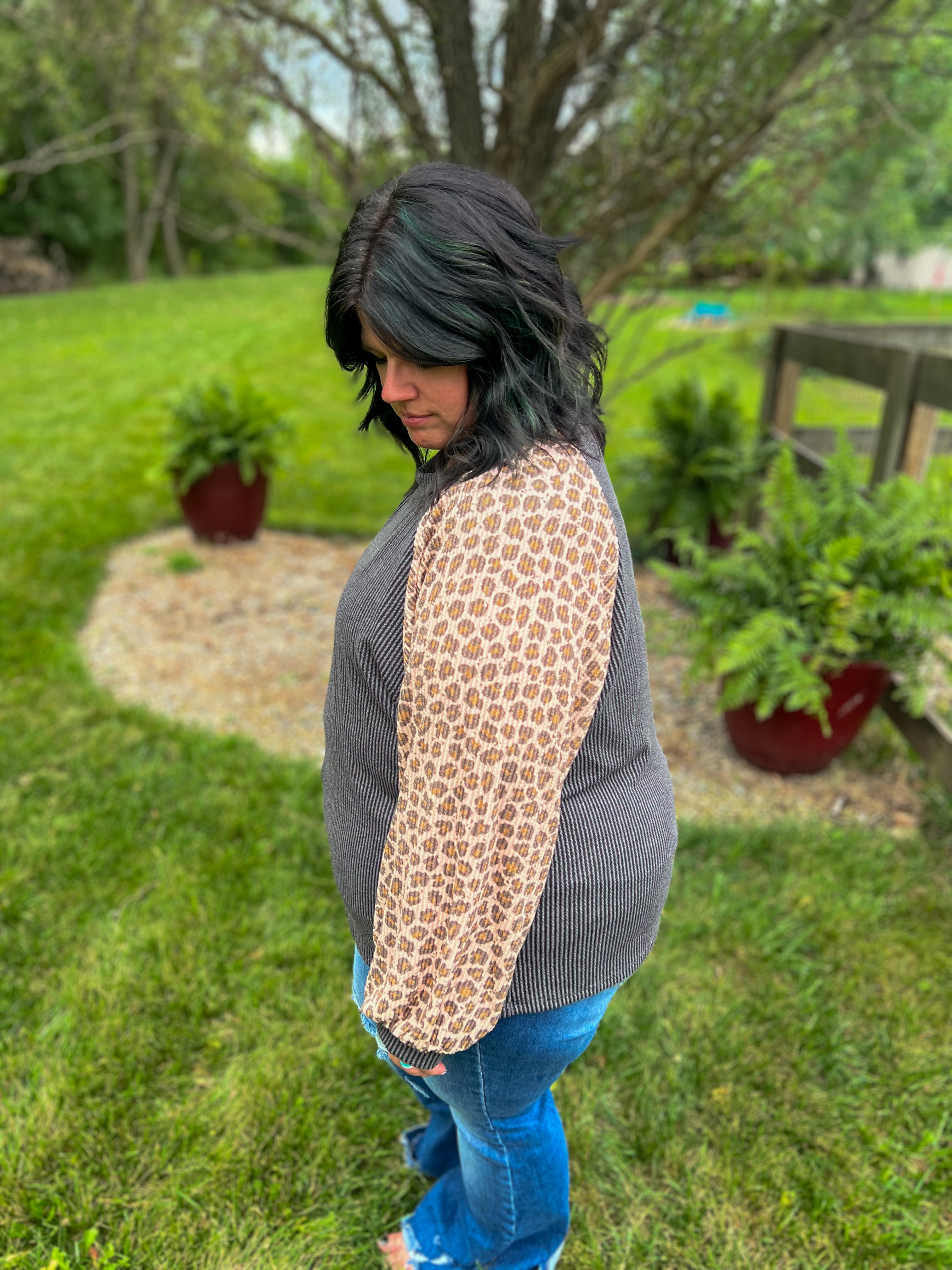 Feeling Bold Charcoal with Leopard Sleeves Top