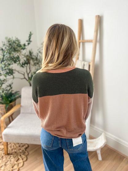 Keeley Corded Color Block Top - Olive and Peanut Butter
