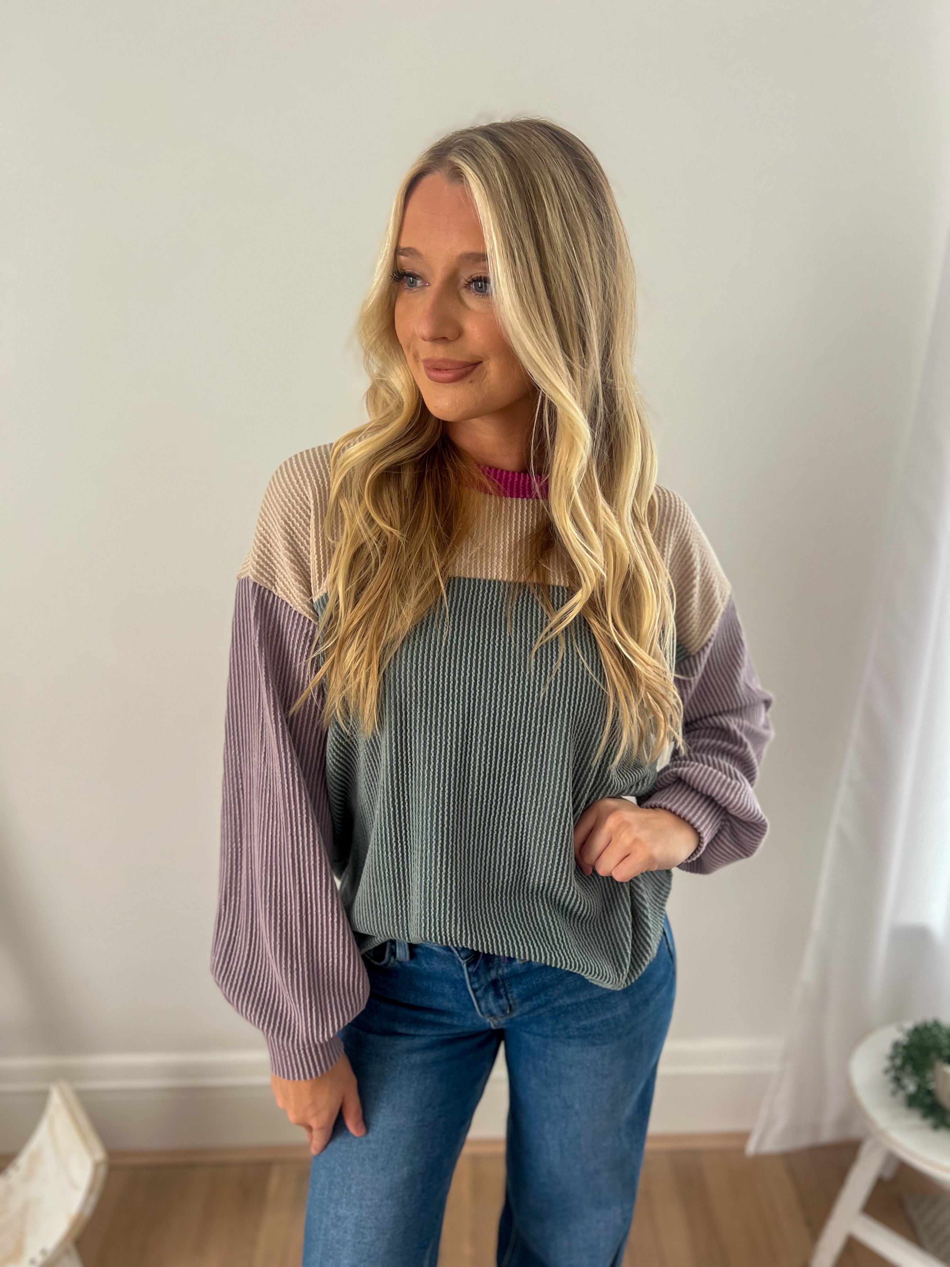 Keeley Corded Color Block Top - Lavender and Dusty Blue
