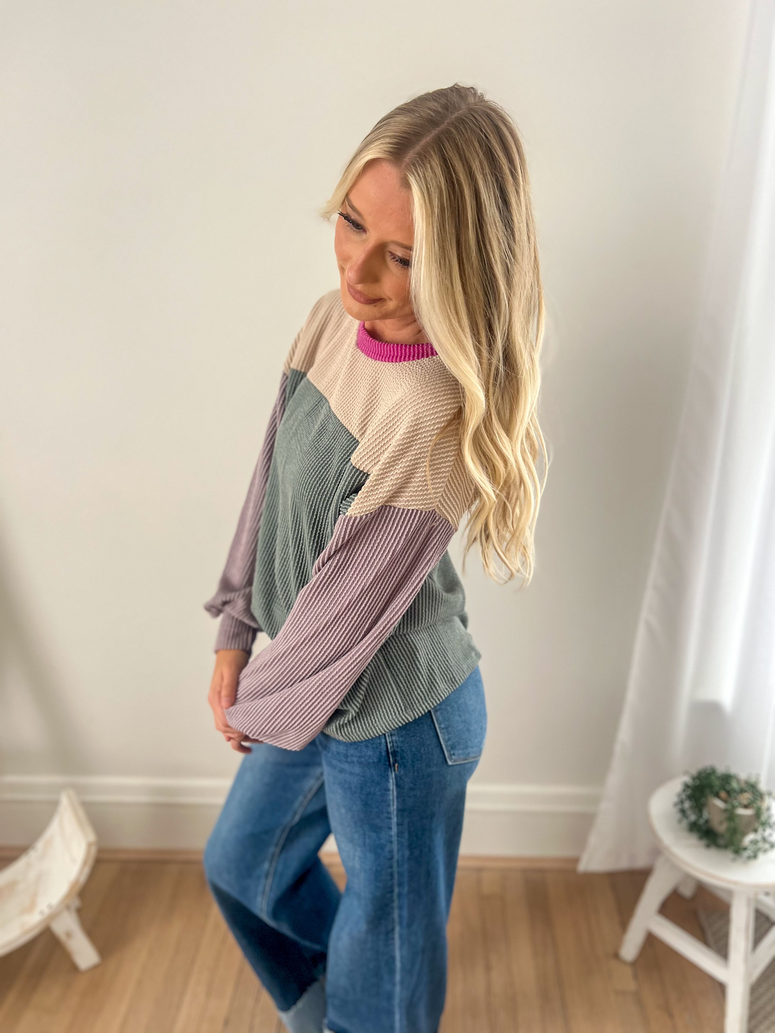 Keeley Corded Color Block Top - Lavender and Dusty Blue