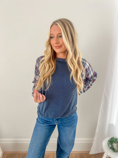Maci Indigo Plaid Long Sleeve Top