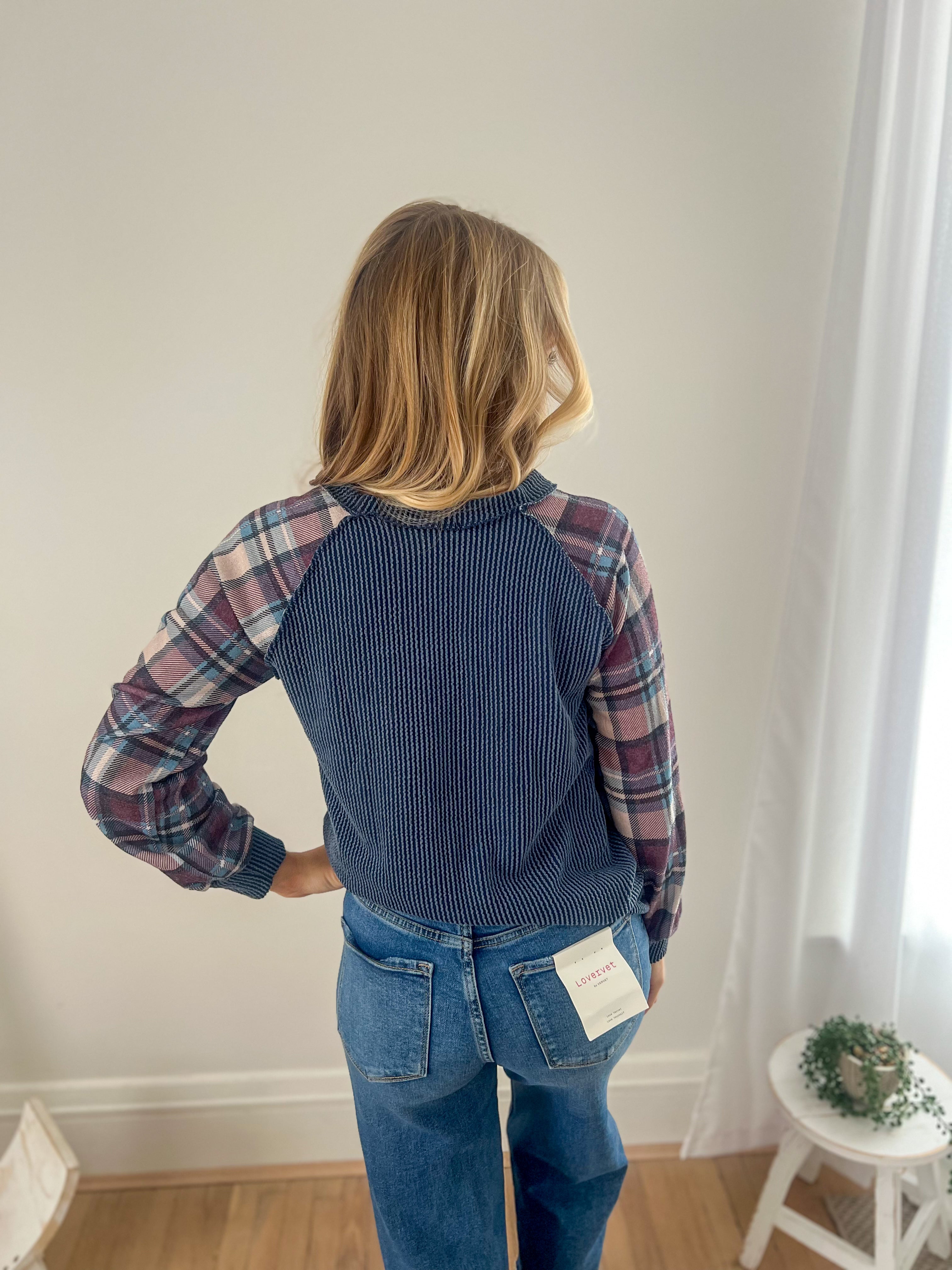 Maci Indigo Plaid Long Sleeve Top