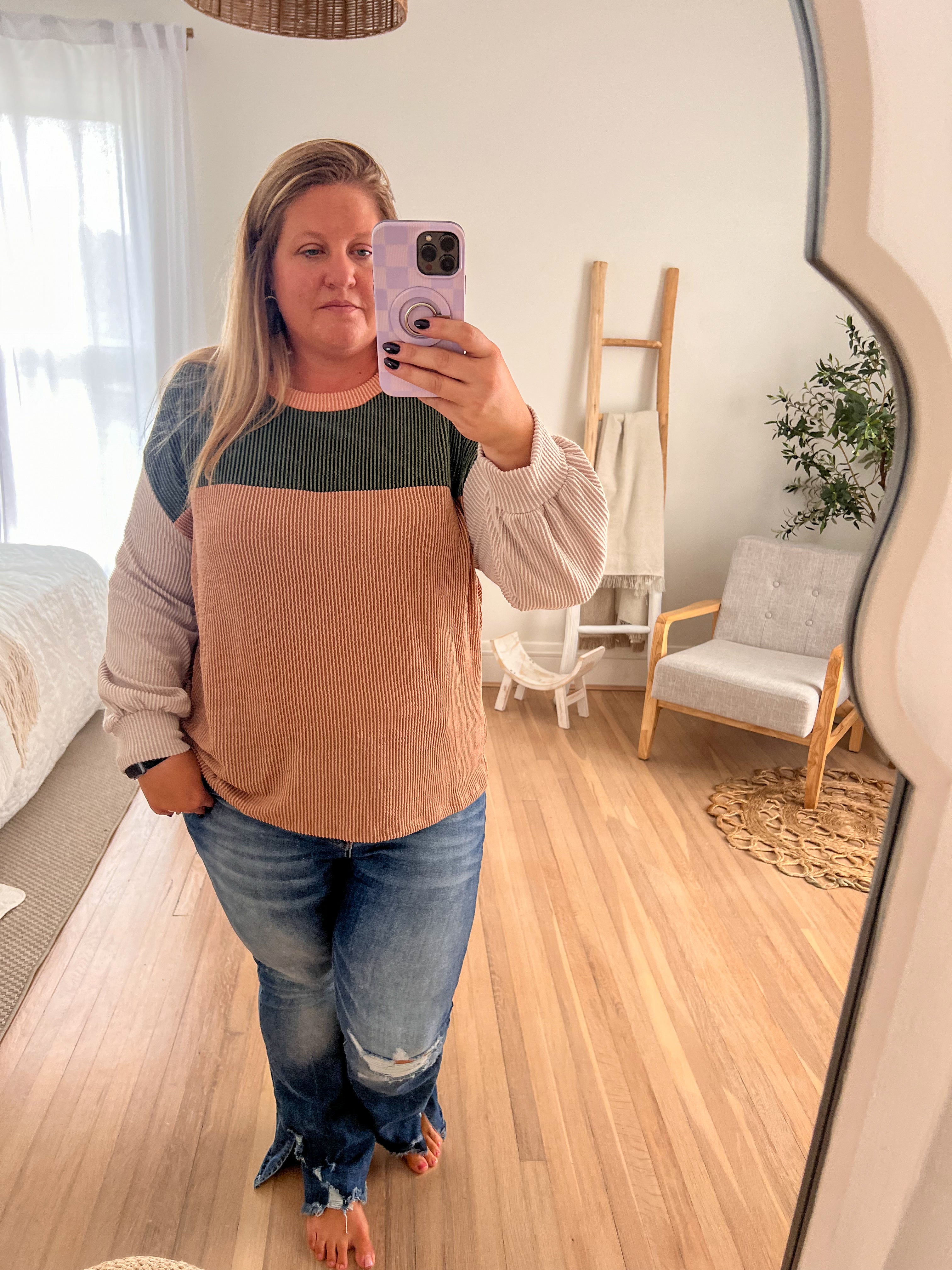 Keeley Corded Color Block Top - Olive and Peanut Butter