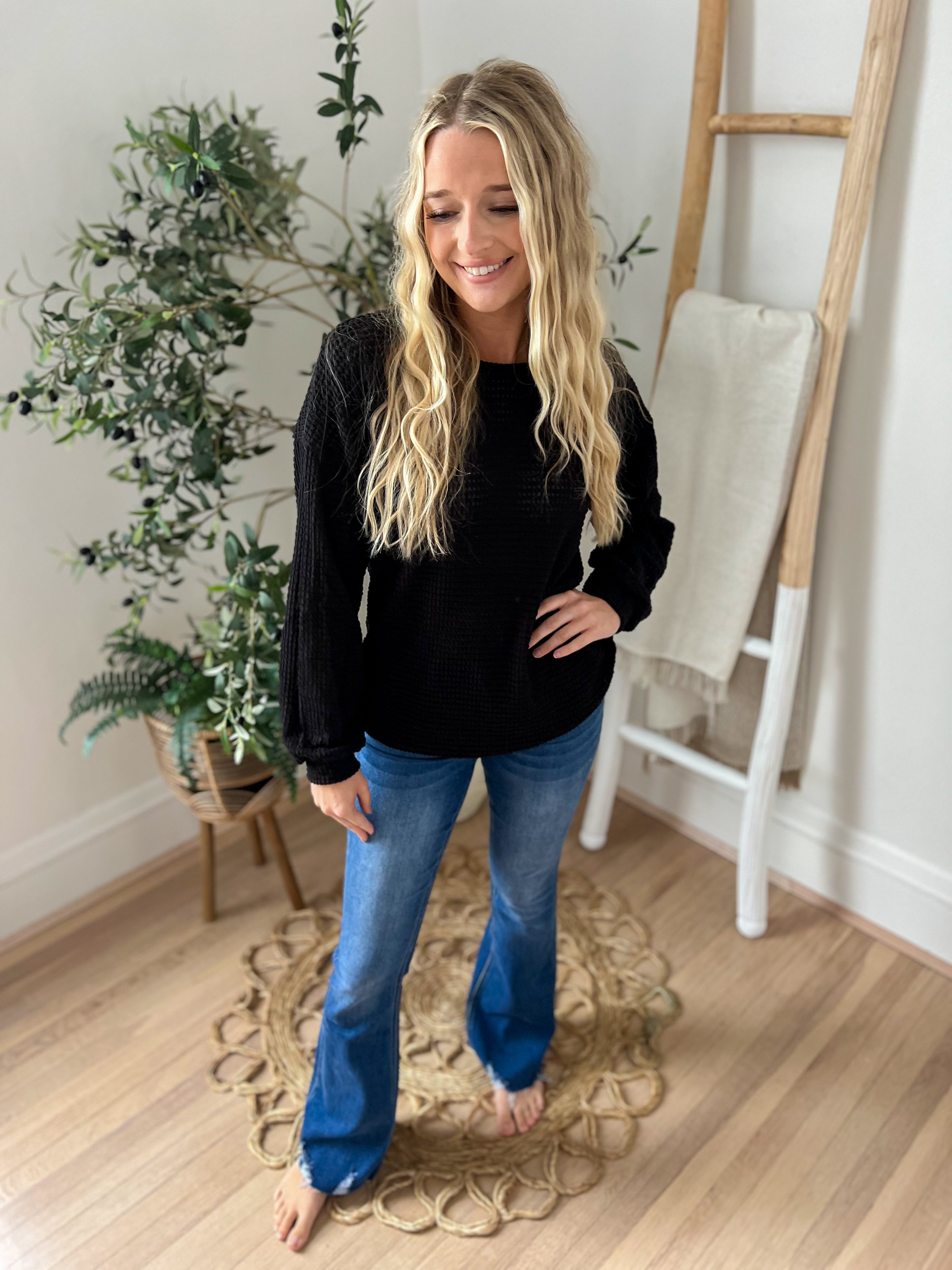 DOORBUSTER Sutton Black Waffle Knit Top