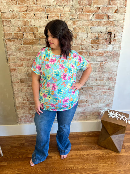 DOORBUSTER Melody Aqua Floral Short Sleeve Top