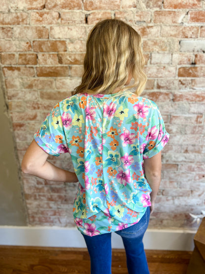 DOORBUSTER Melody Aqua Floral Short Sleeve Top
