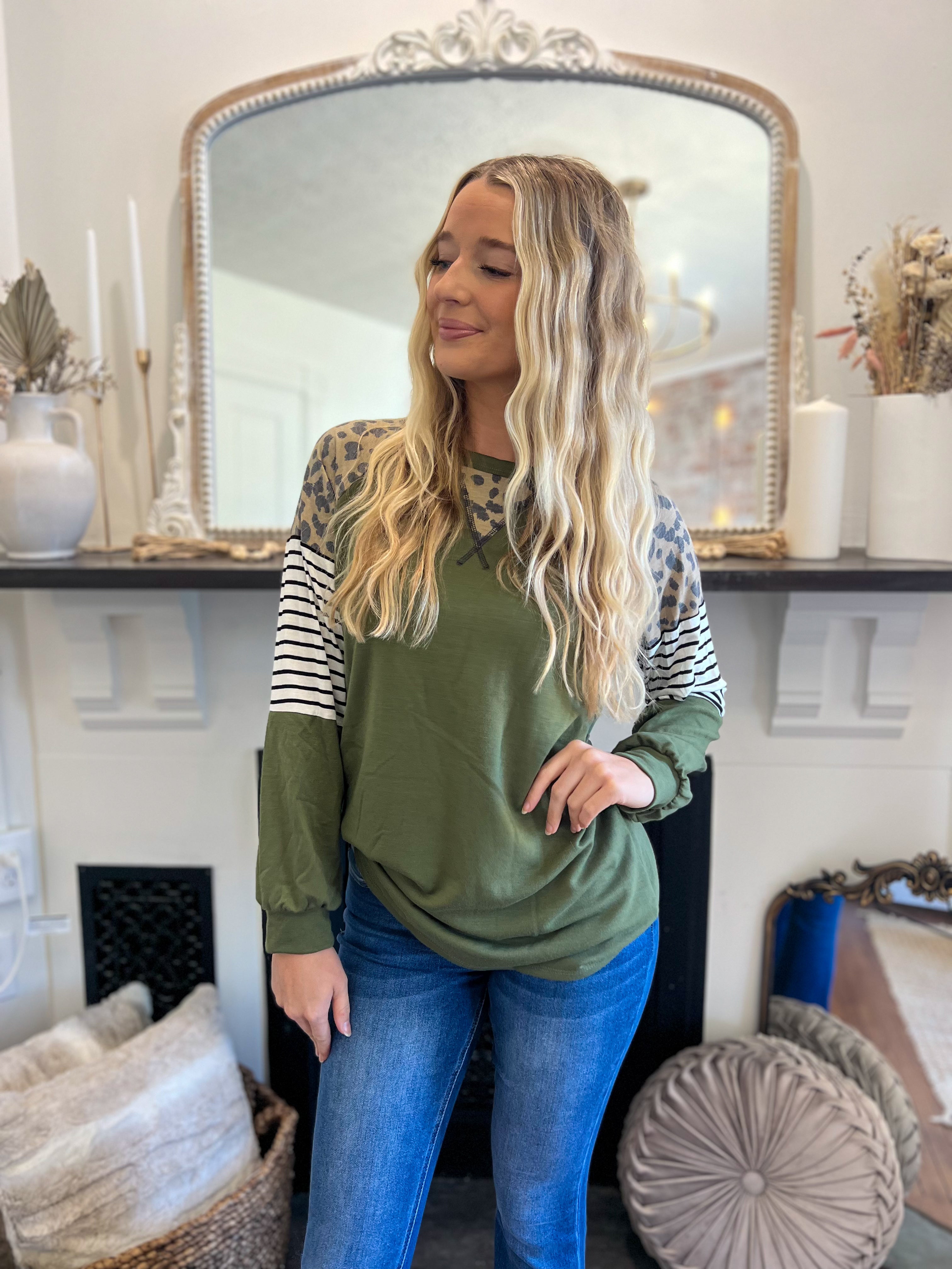 DOORBUSTER Olive with Leopard Accents Top