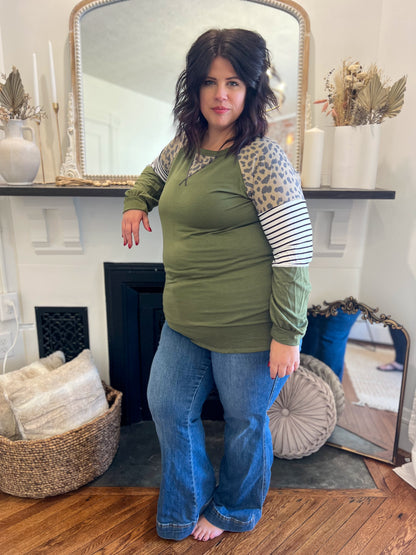 DOORBUSTER Olive with Leopard Accents Top