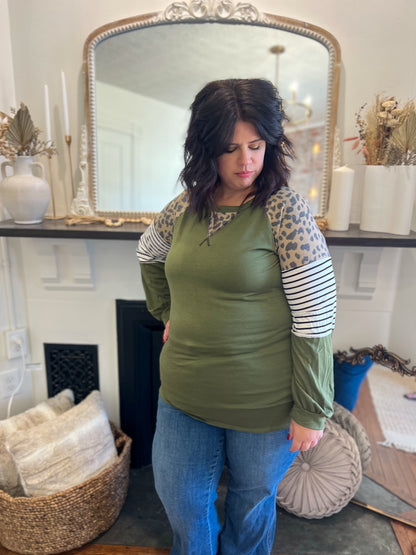 DOORBUSTER Olive with Leopard Accents Top