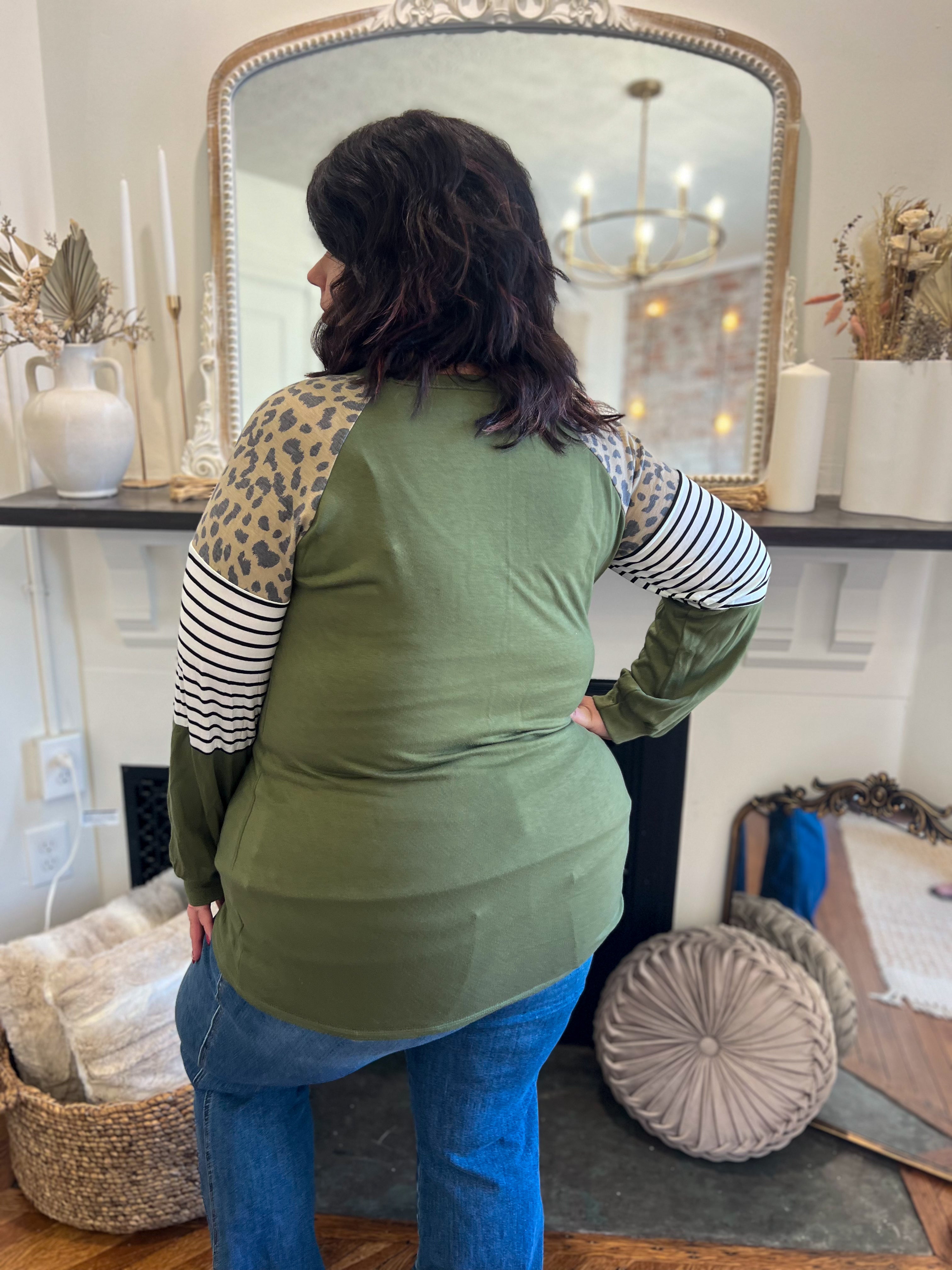 DOORBUSTER Olive with Leopard Accents Top