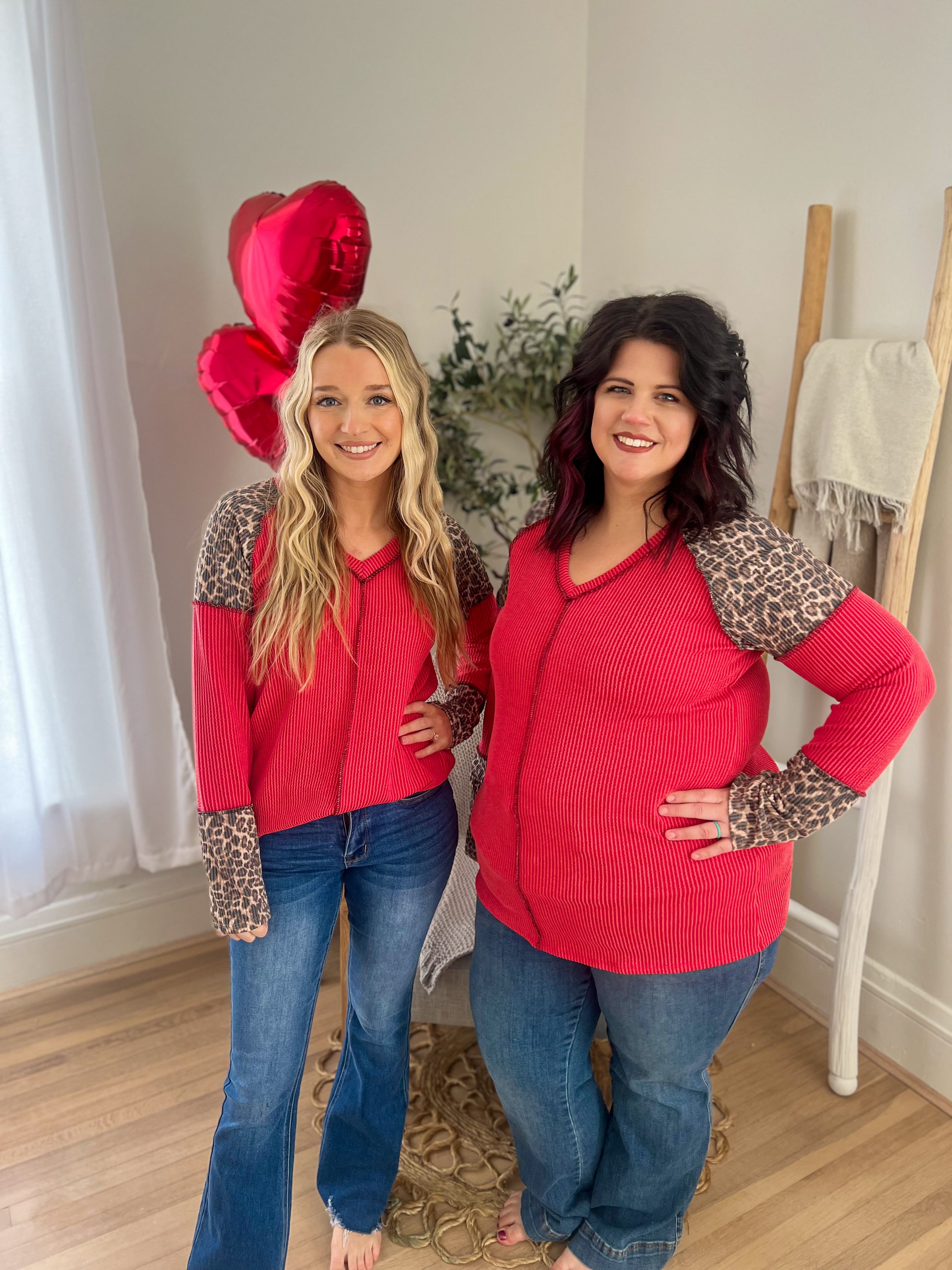 Red with Leopard Accents Long Sleeve Top