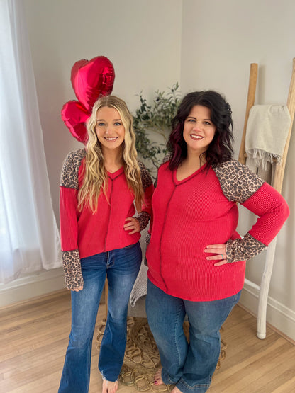 Red with Leopard Accents Long Sleeve Top
