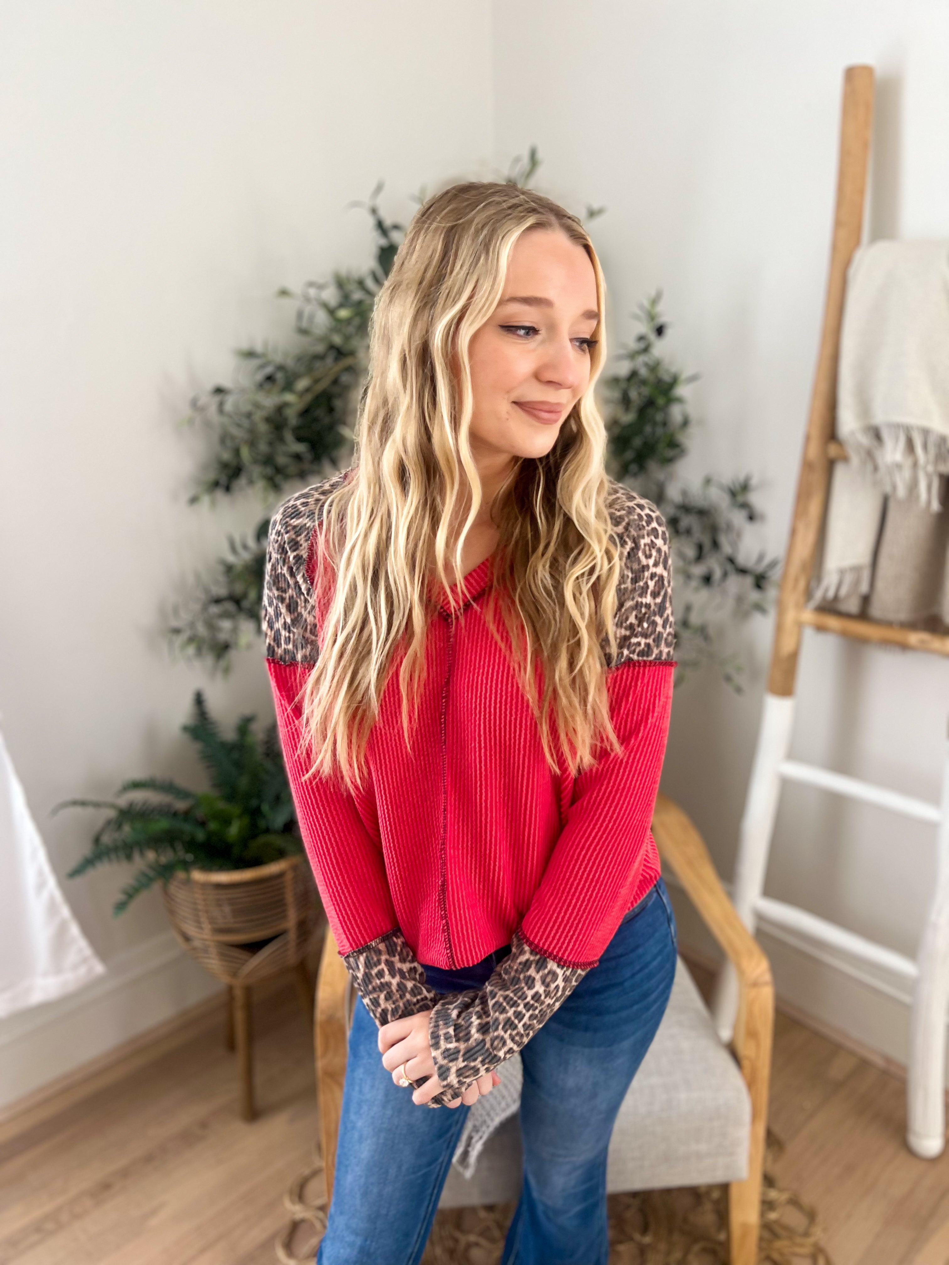 Red with Leopard Accents Long Sleeve Top