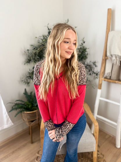 Red with Leopard Accents Long Sleeve Top