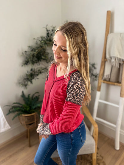 Red with Leopard Accents Long Sleeve Top