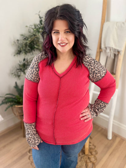 Red with Leopard Accents Long Sleeve Top