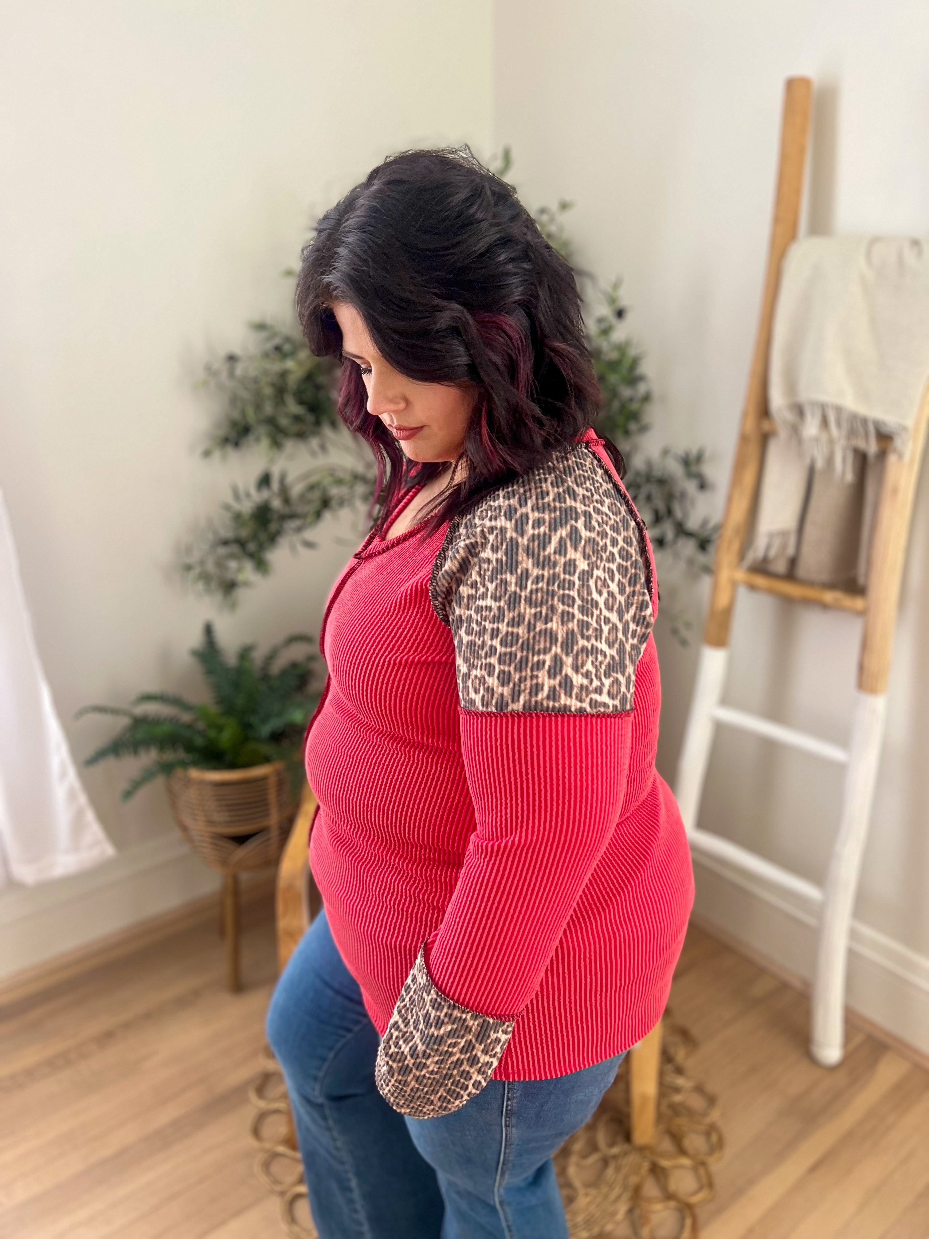Red with Leopard Accents Long Sleeve Top
