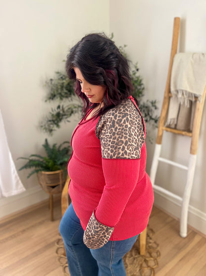 Red with Leopard Accents Long Sleeve Top