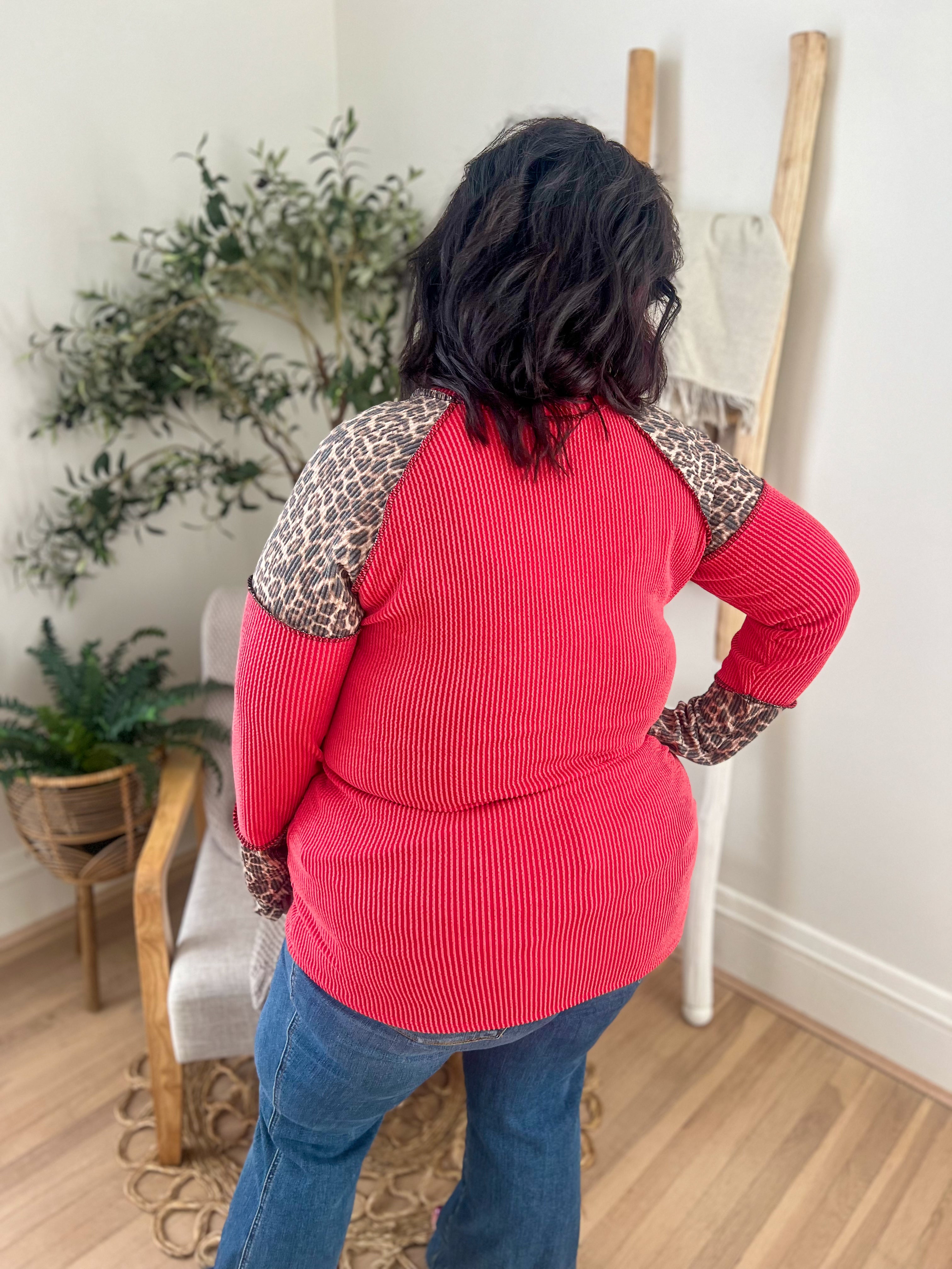 Red with Leopard Accents Long Sleeve Top