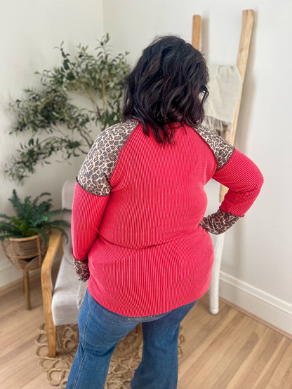 Red with Leopard Accents Long Sleeve Top