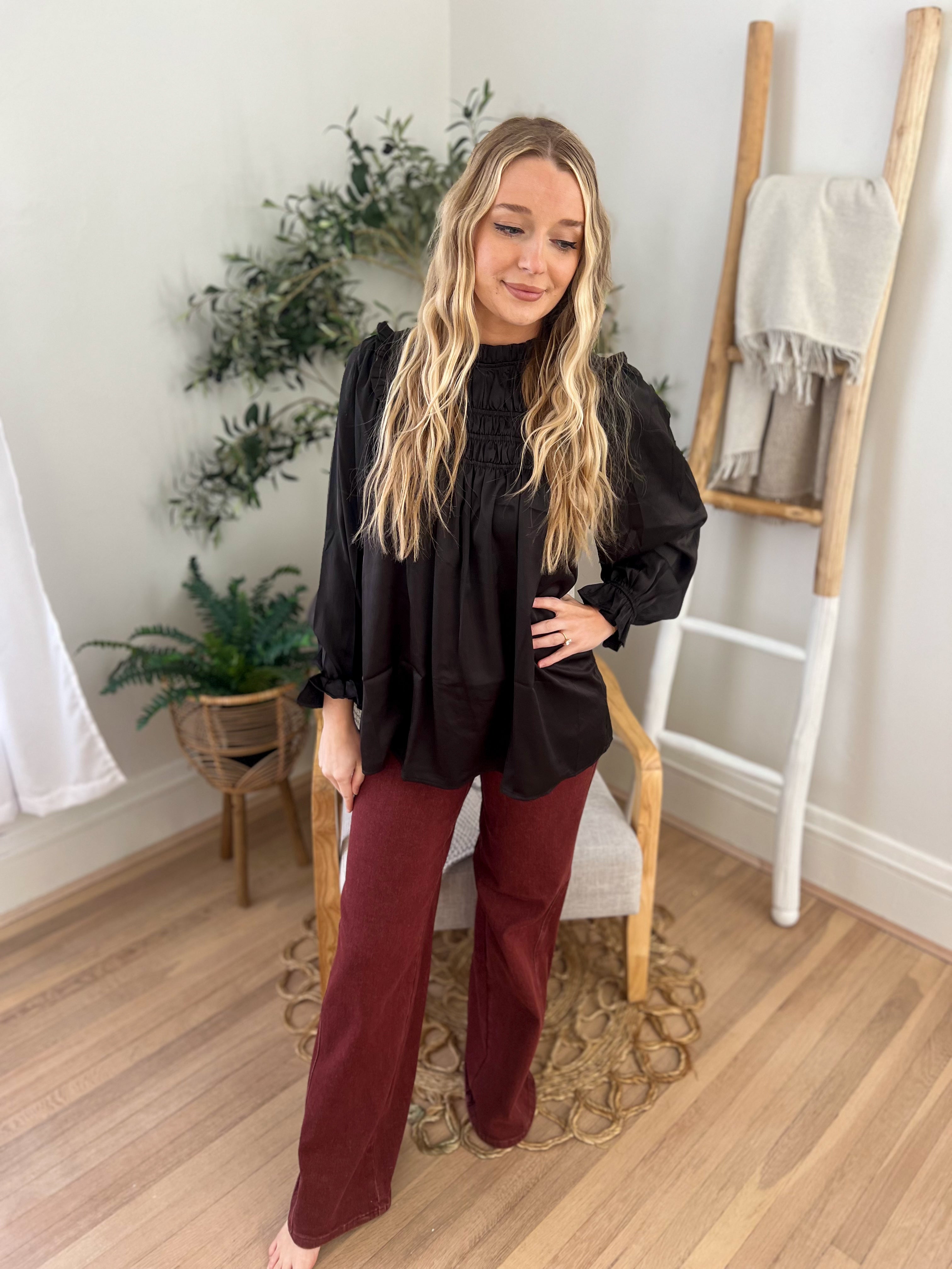 Black Mock Neck Satin Long Sleeve Blouse