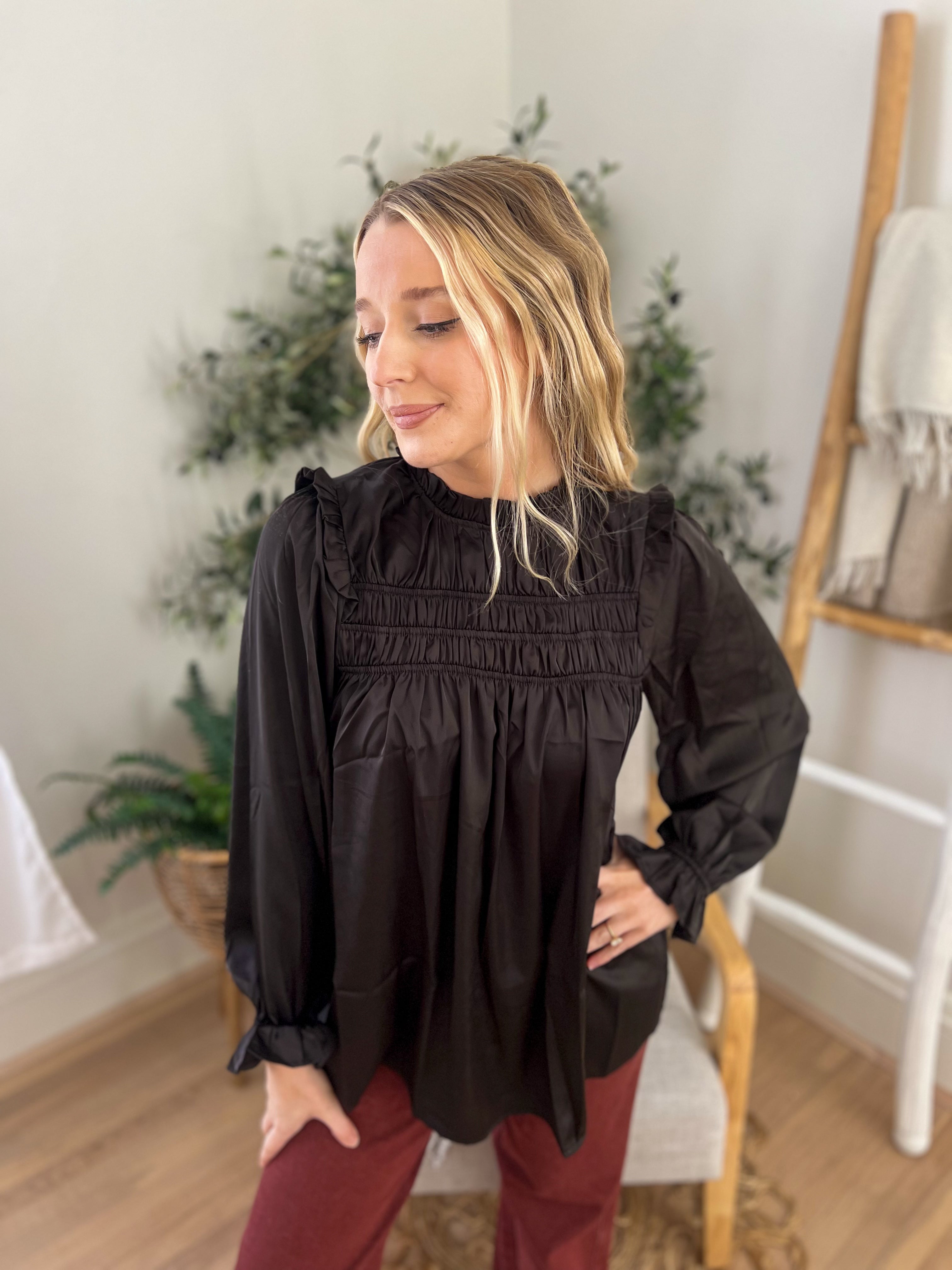 Black Mock Neck Satin Long Sleeve Blouse