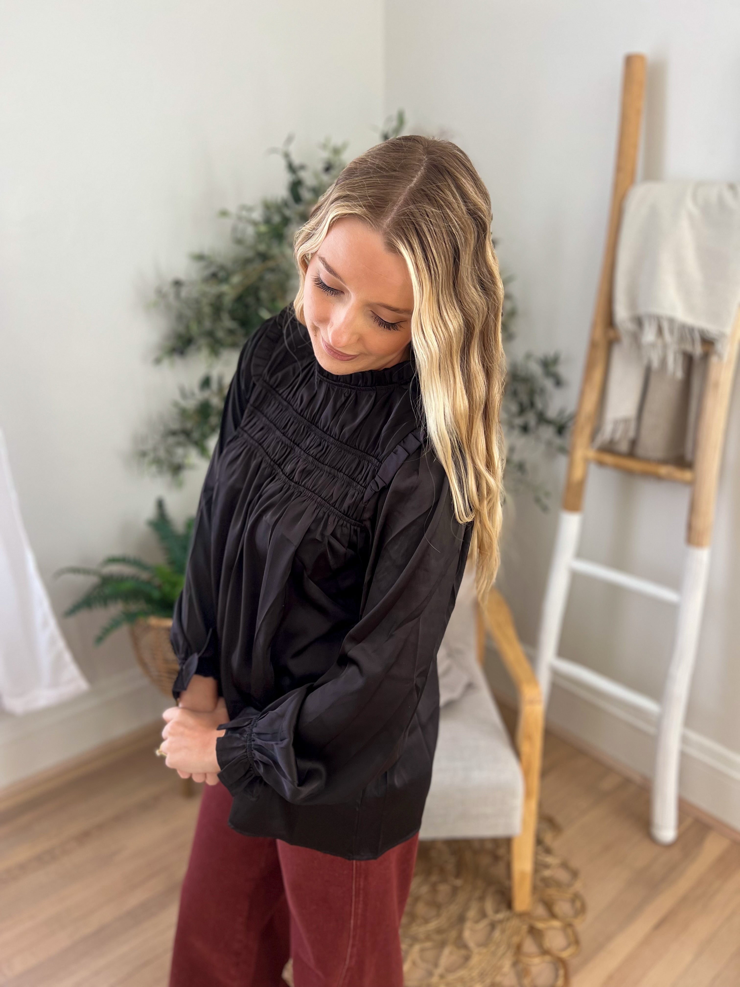 Black Mock Neck Satin Long Sleeve Blouse