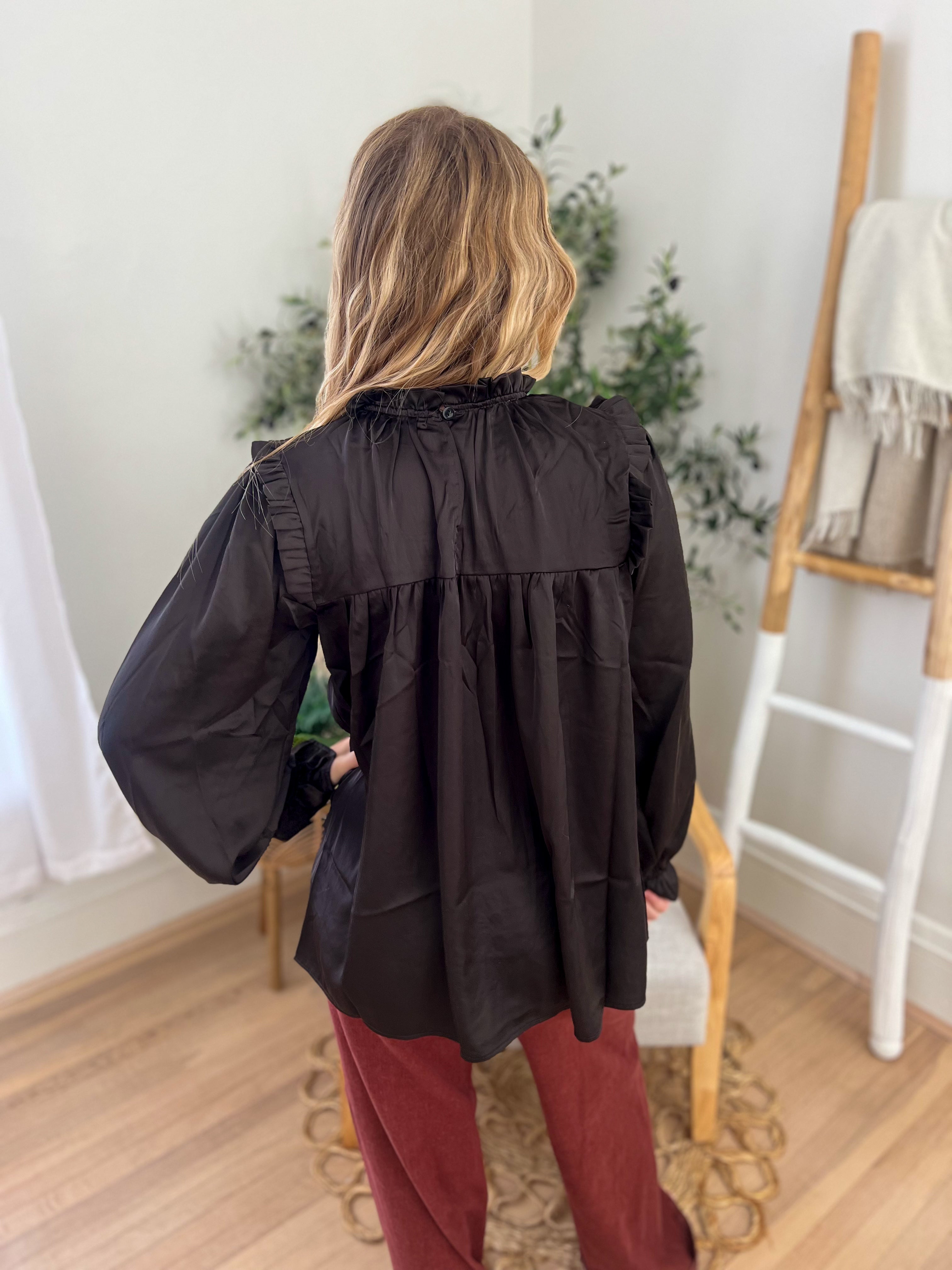 Black Mock Neck Satin Long Sleeve Blouse