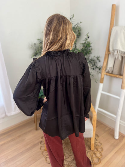 Black Mock Neck Satin Long Sleeve Blouse