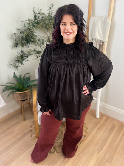 Black Mock Neck Satin Long Sleeve Blouse