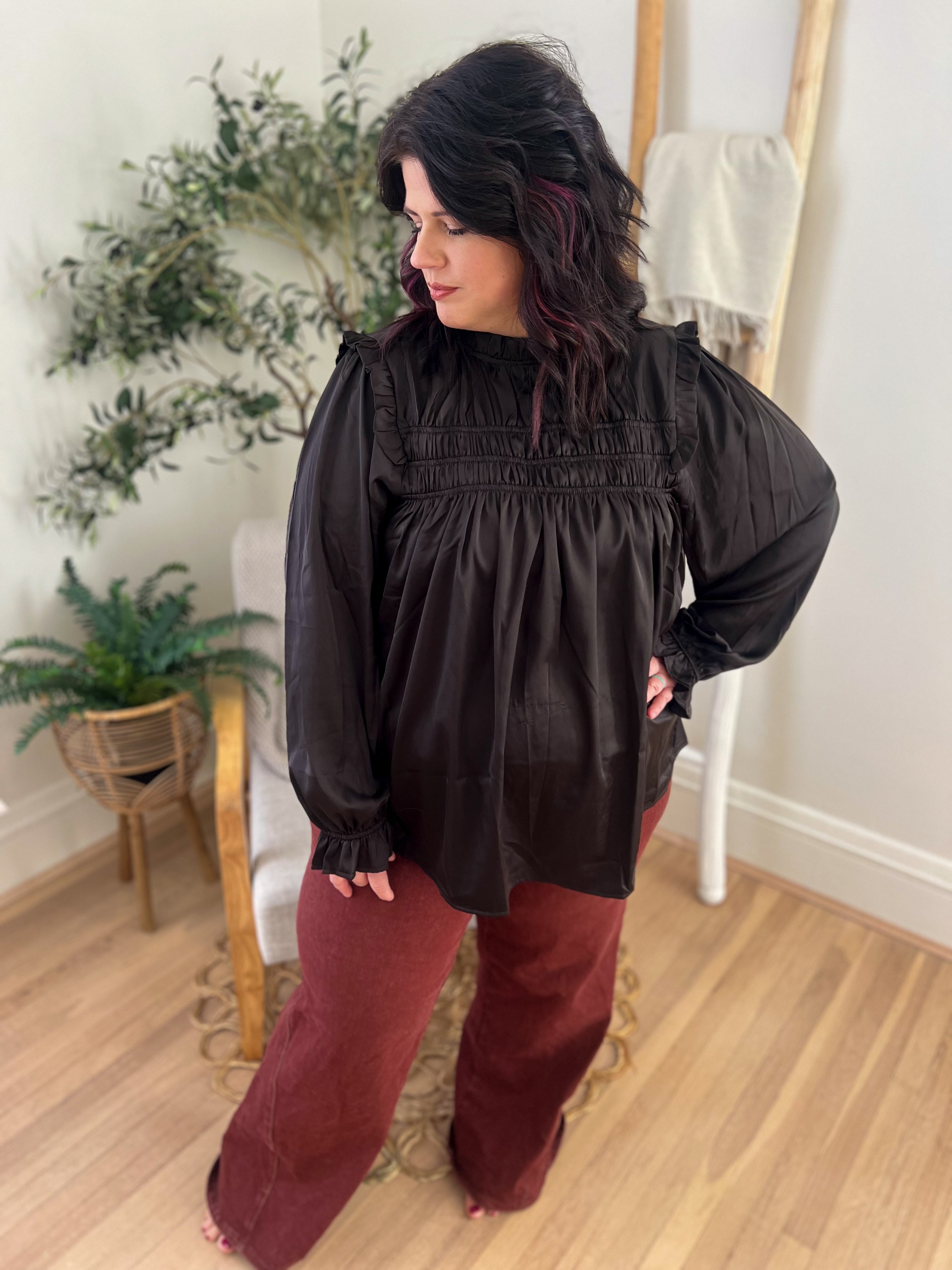 Black Mock Neck Satin Long Sleeve Blouse