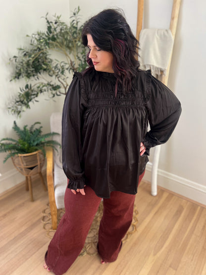 Black Mock Neck Satin Long Sleeve Blouse