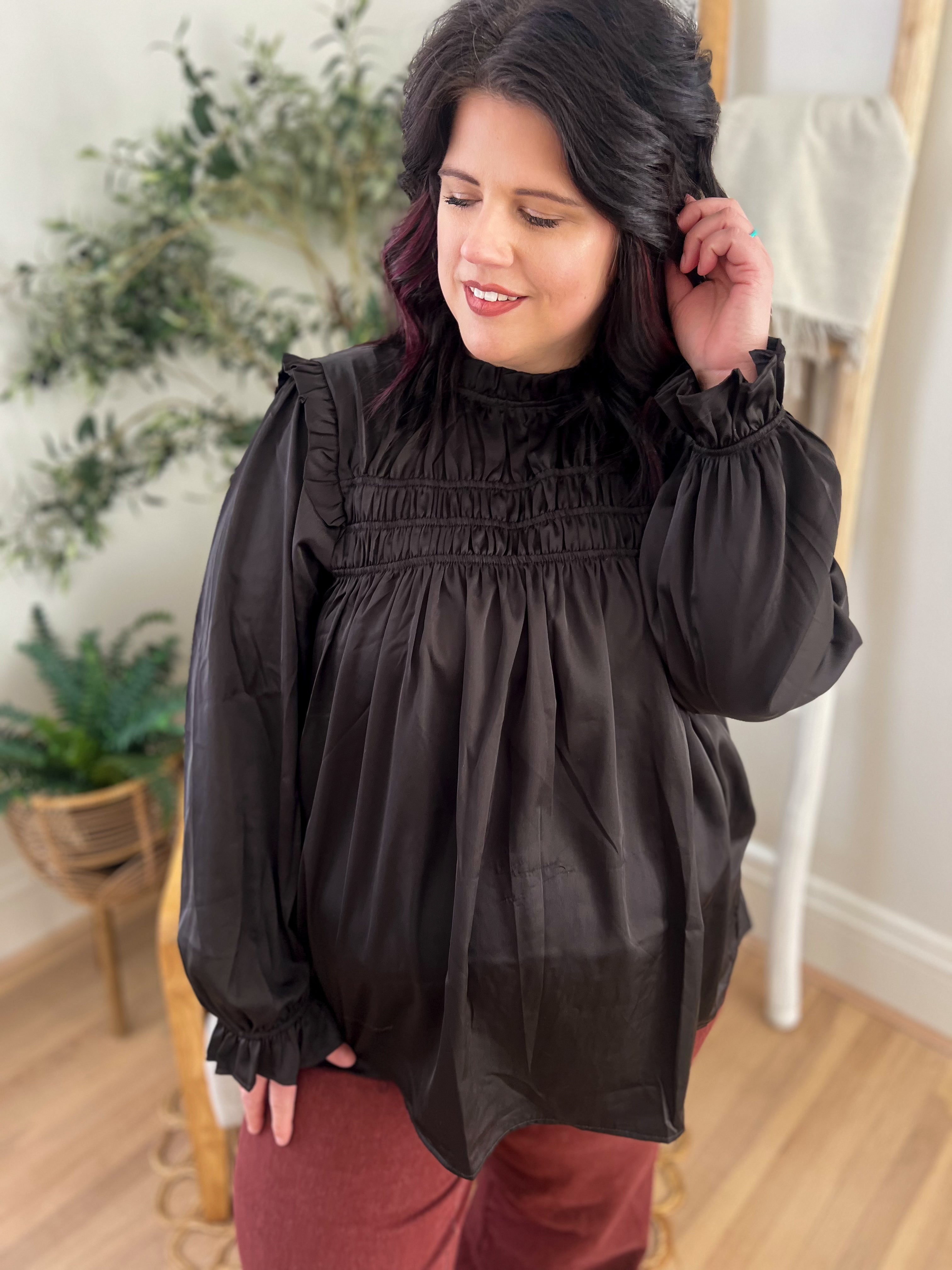 Black Mock Neck Satin Long Sleeve Blouse