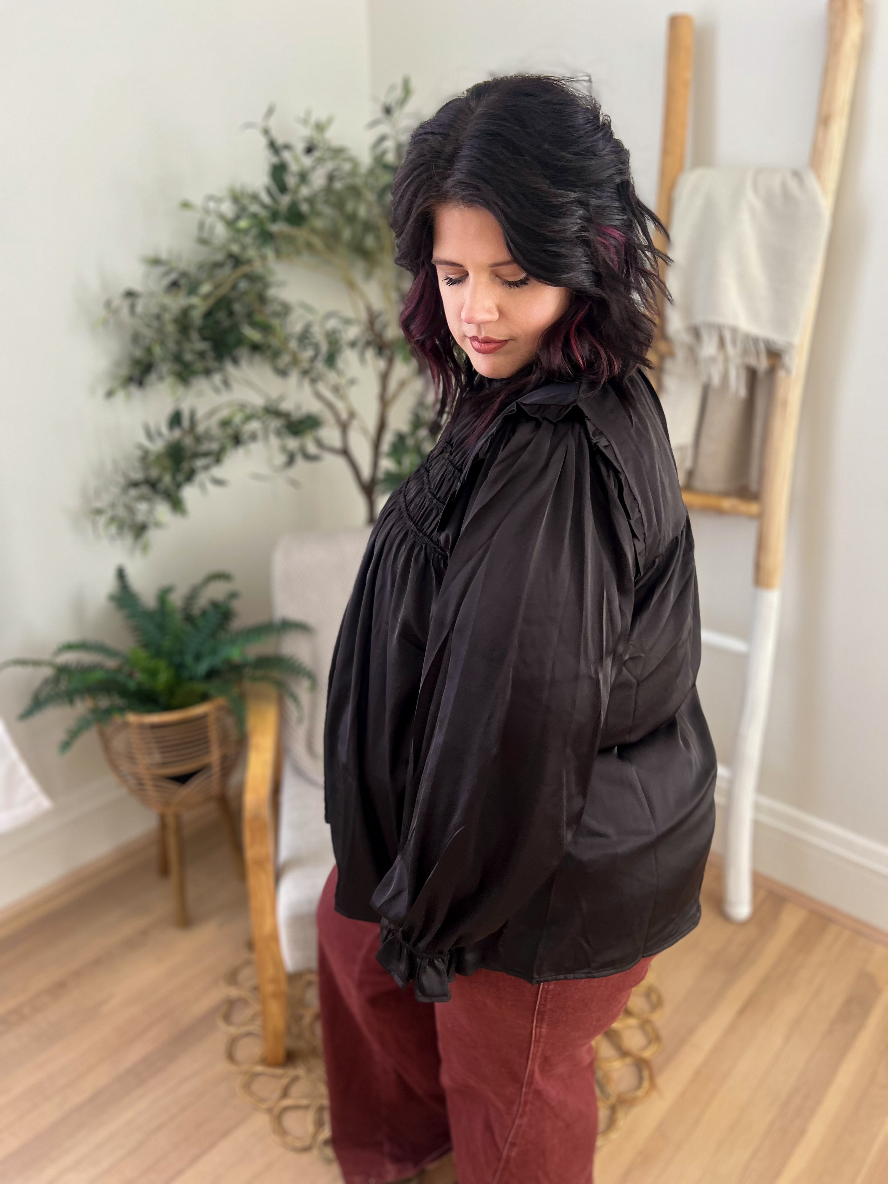 Black Mock Neck Satin Long Sleeve Blouse