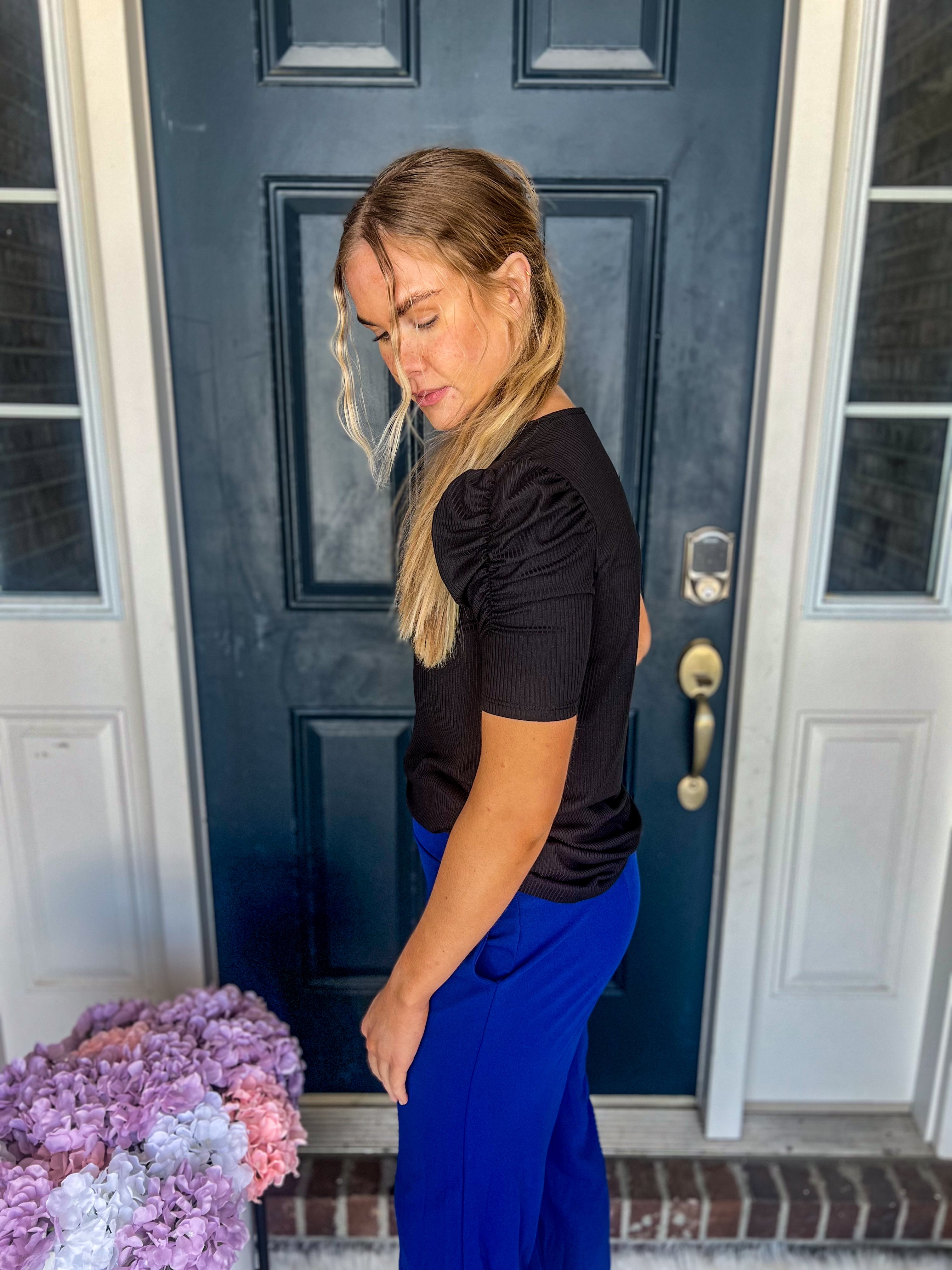 Avery Black Ruched Sleeves Top