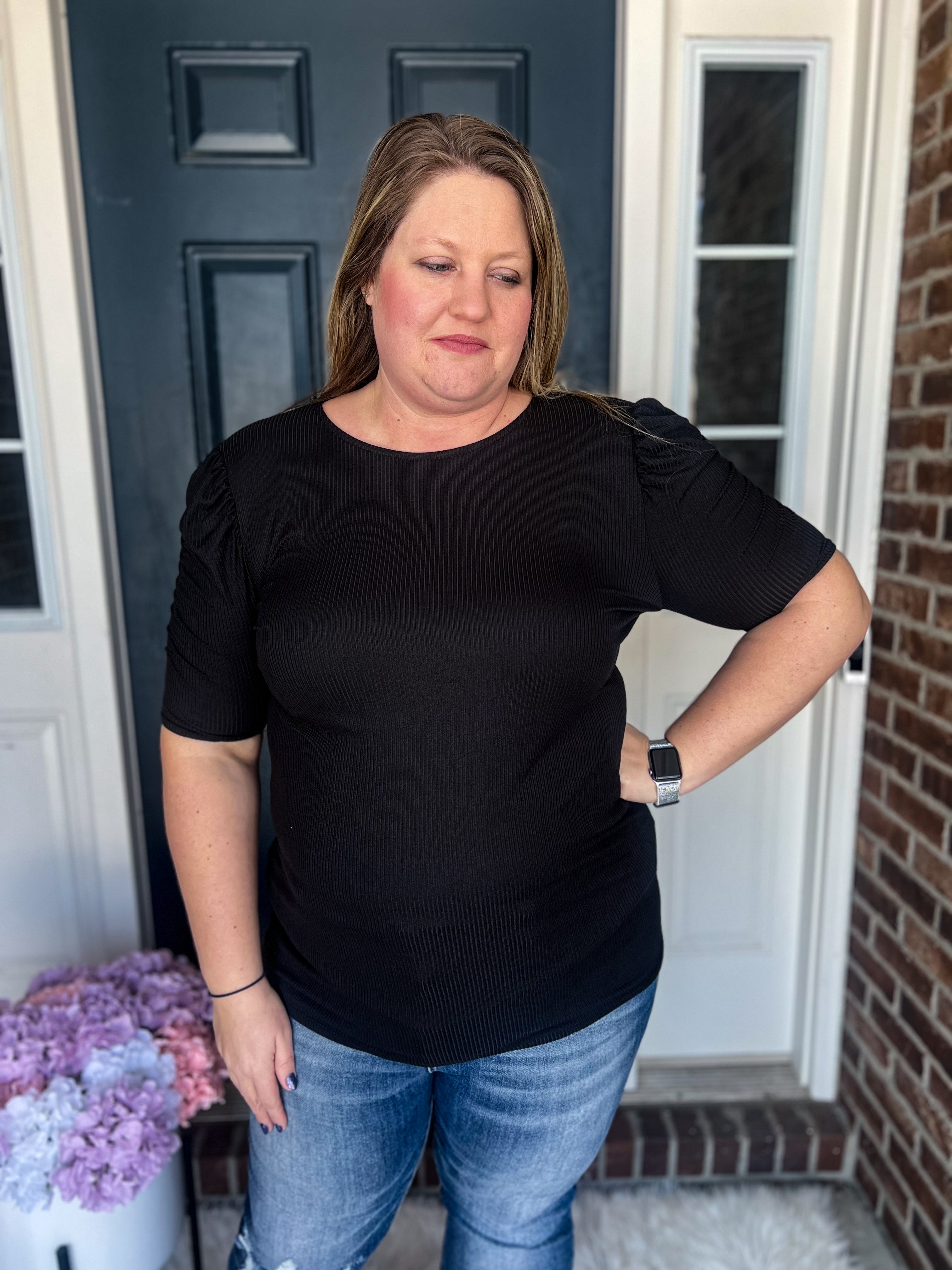 Avery Black Ruched Sleeves Top