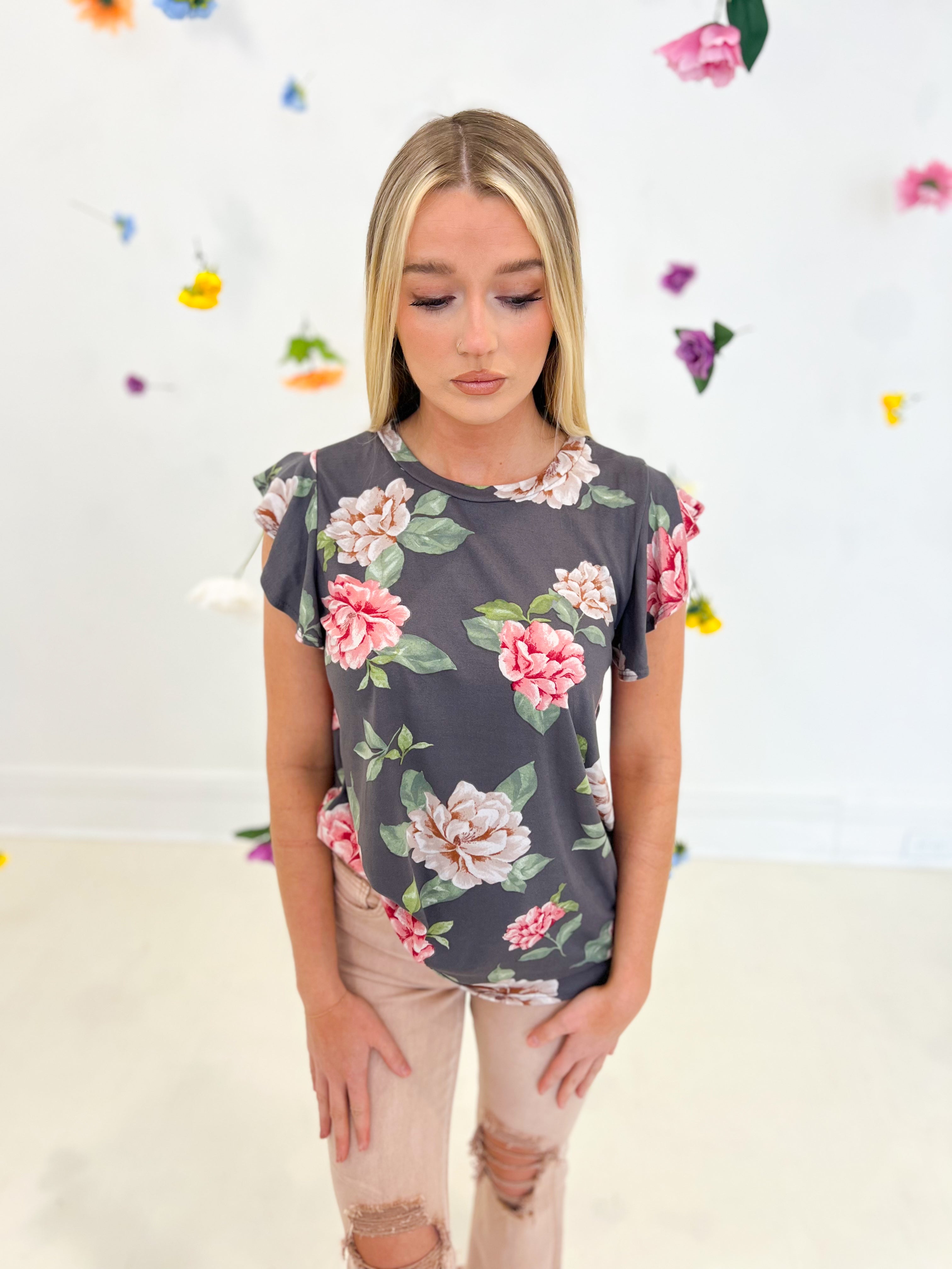 Charcoal Floral Short Sleeve Top