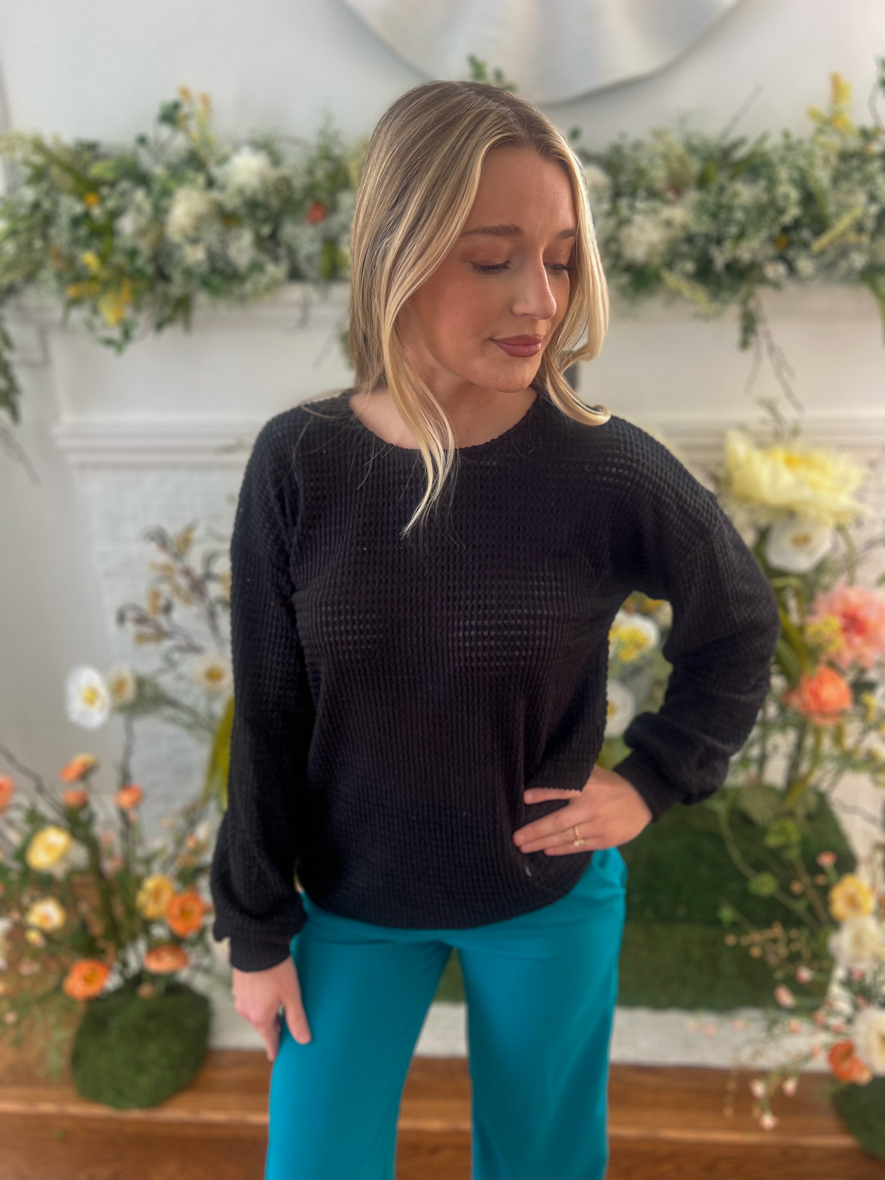 Sutton Black Waffle Knit Top