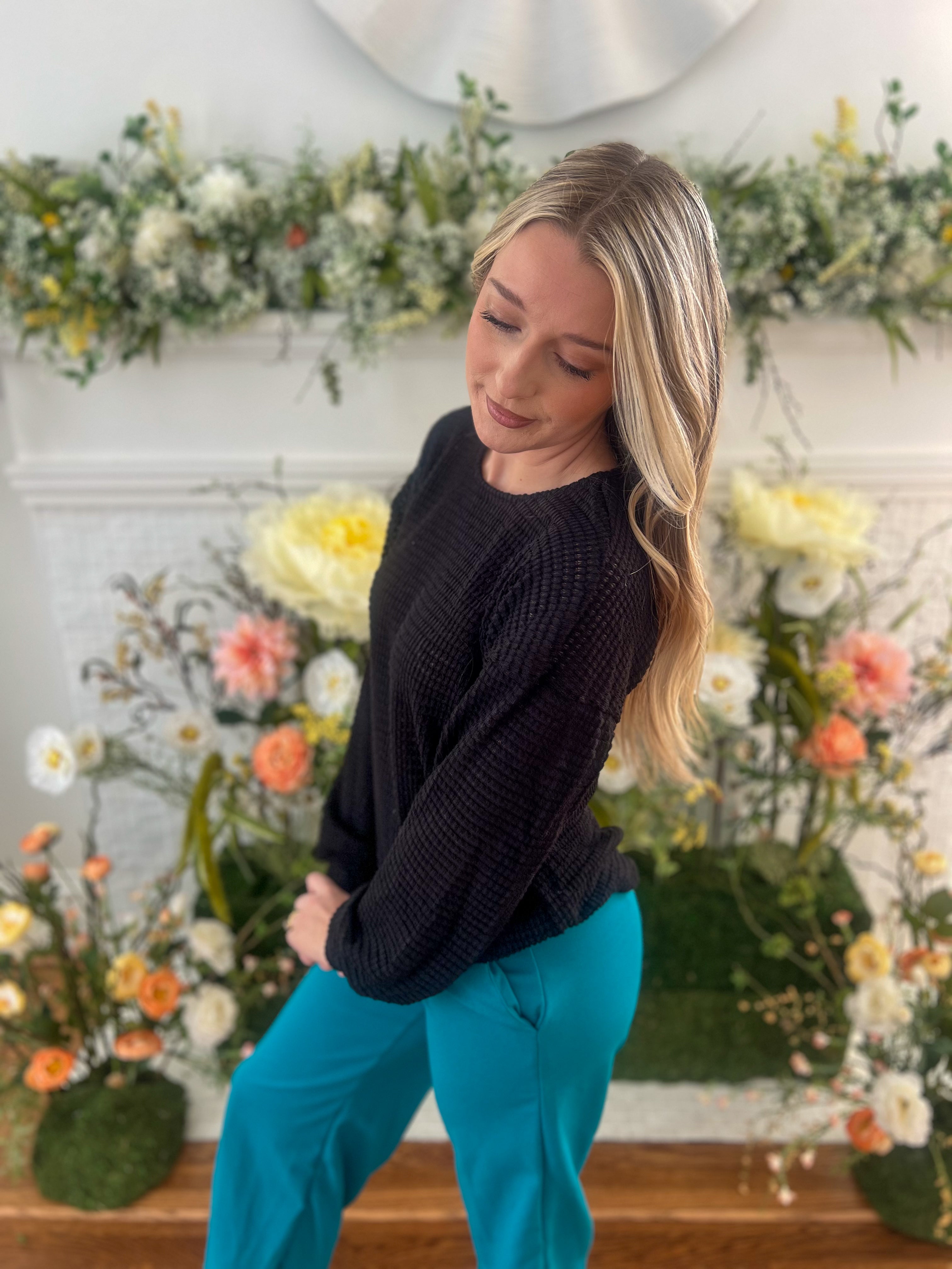 Sutton Black Waffle Knit Top