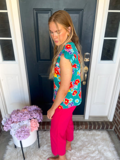 Teal Floral Ruffle Sleeve Top