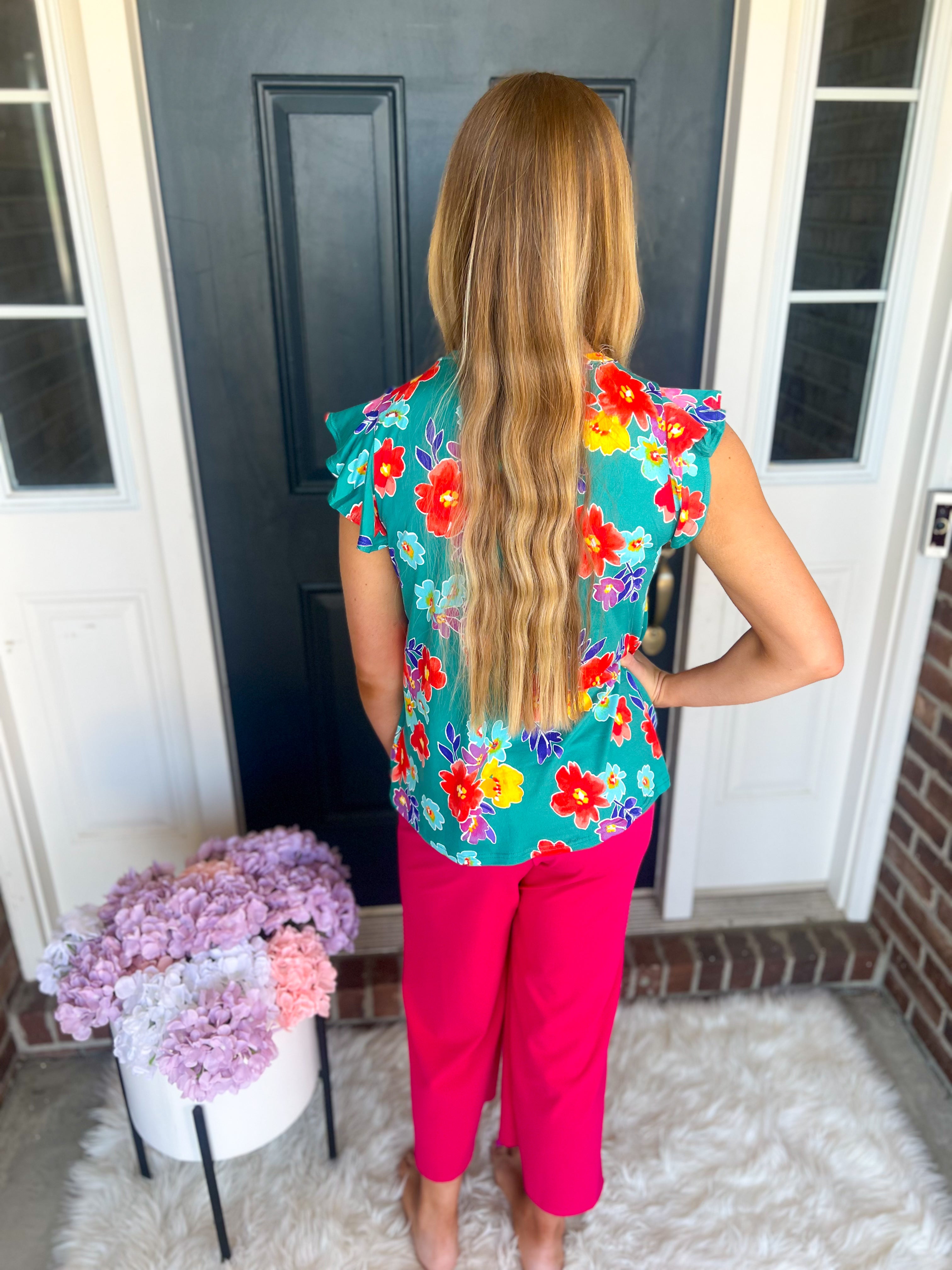 Teal Floral Ruffle Sleeve Top