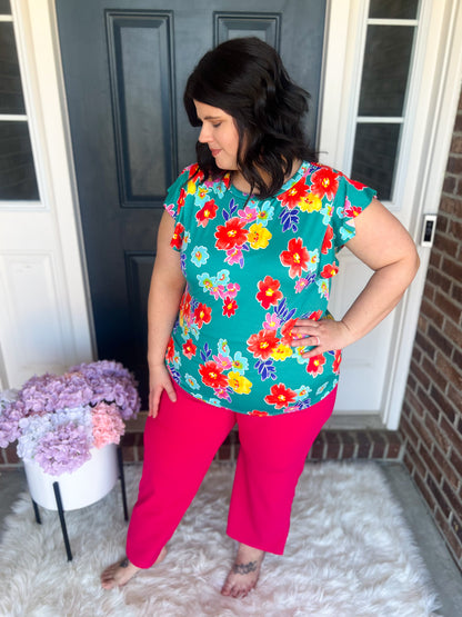 Teal Floral Ruffle Sleeve Top