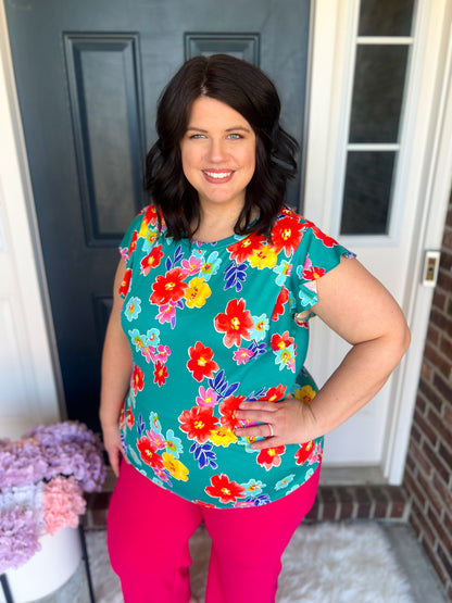 Teal Floral Ruffle Sleeve Top