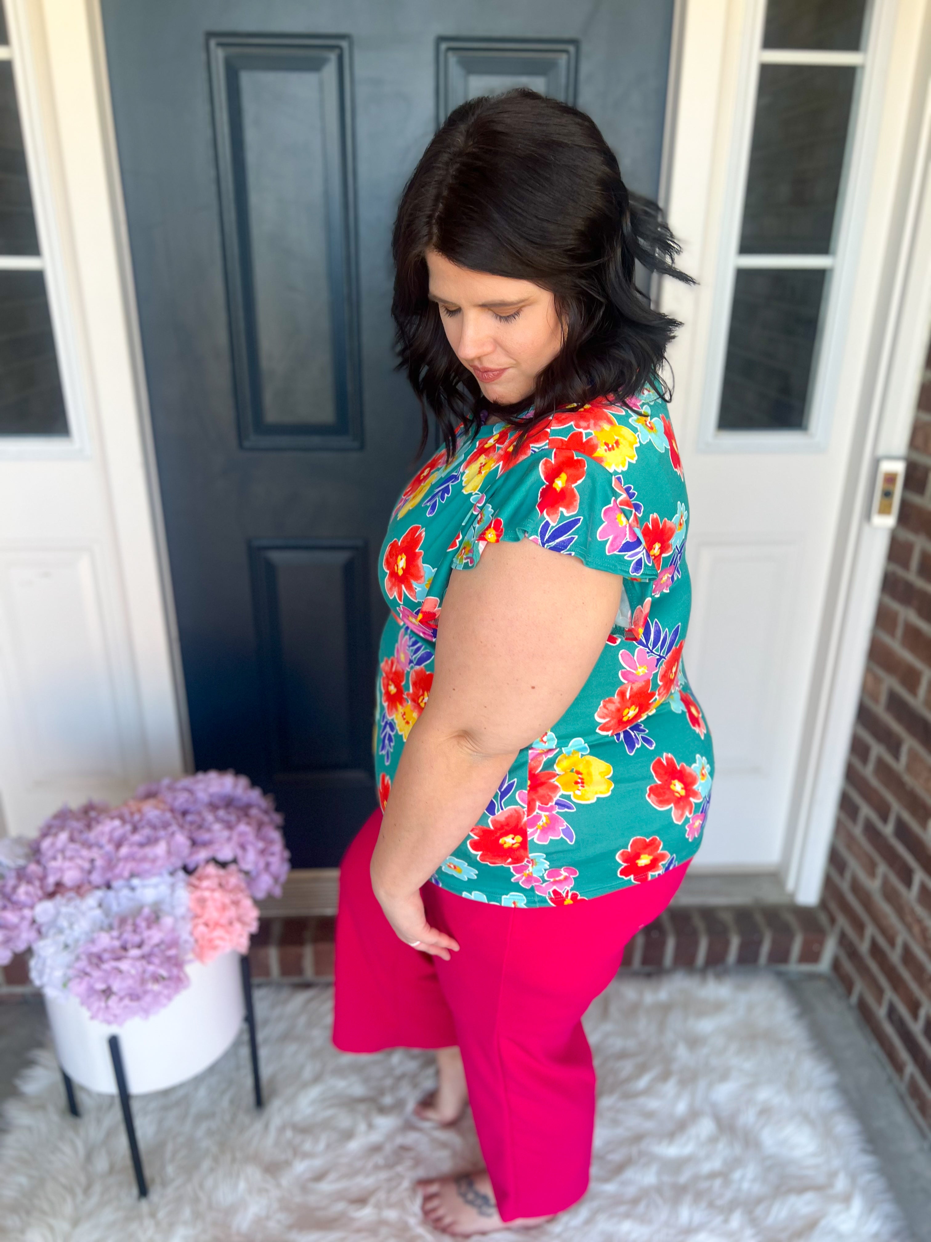 Teal Floral Ruffle Sleeve Top