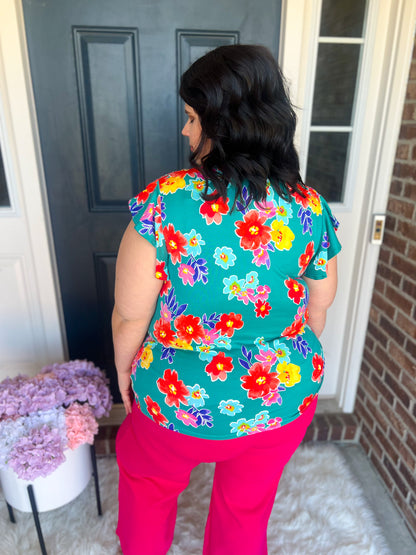 Teal Floral Ruffle Sleeve Top