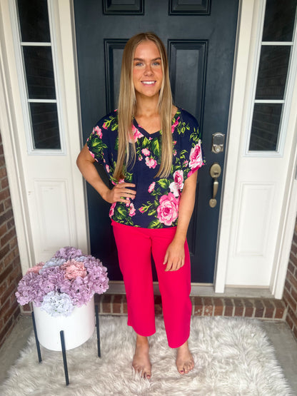 Navy Floral Dolman Sleeve Top