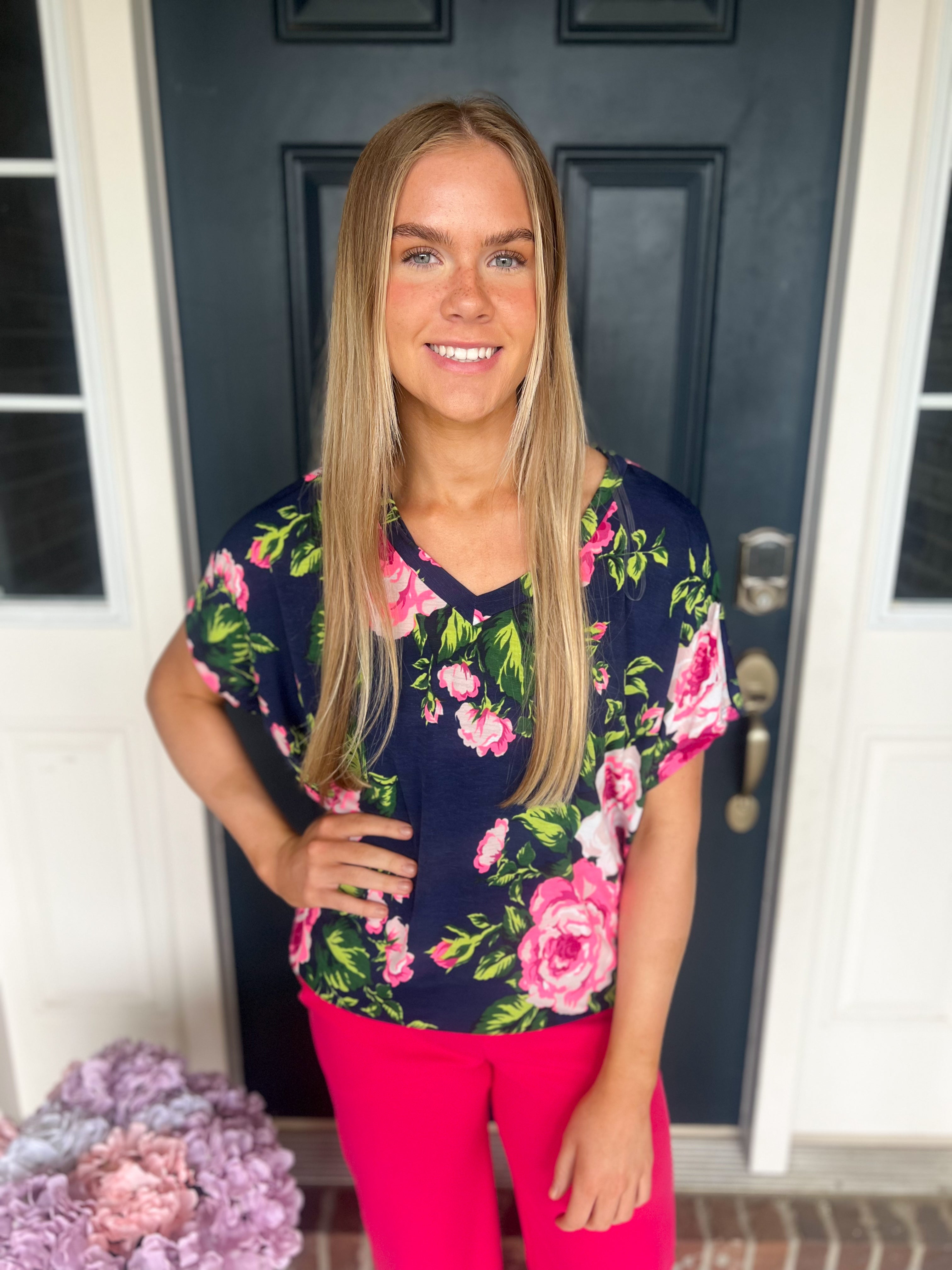 Navy Floral Dolman Sleeve Top