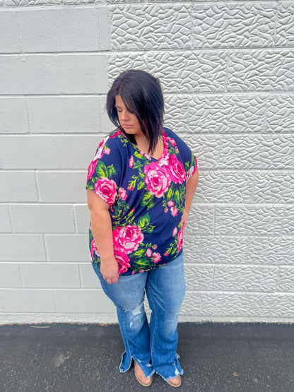 Navy Floral Dolman Sleeve Top