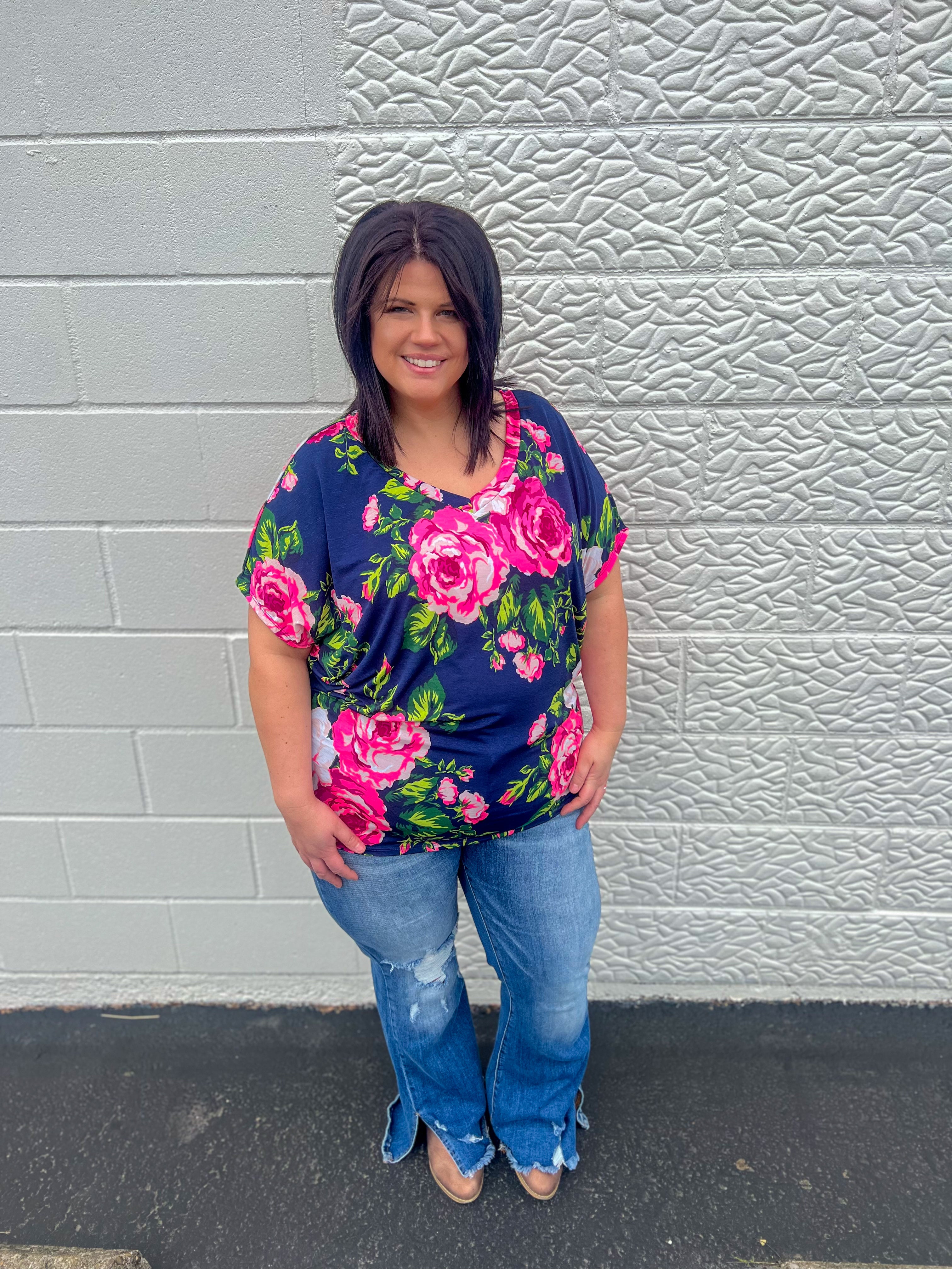 Navy Floral Dolman Sleeve Top